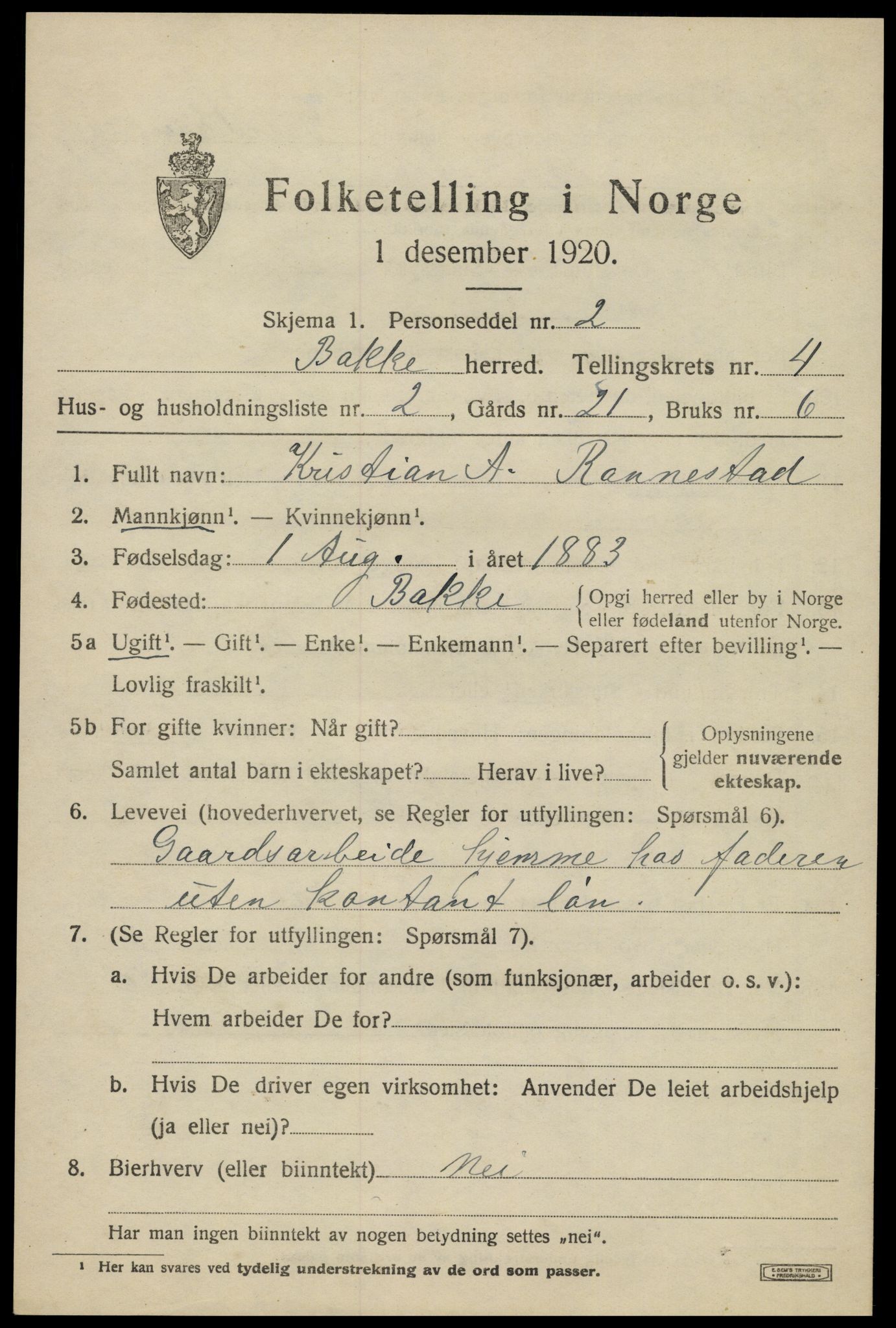 SAK, 1920 census for Bakke, 1920, p. 1236