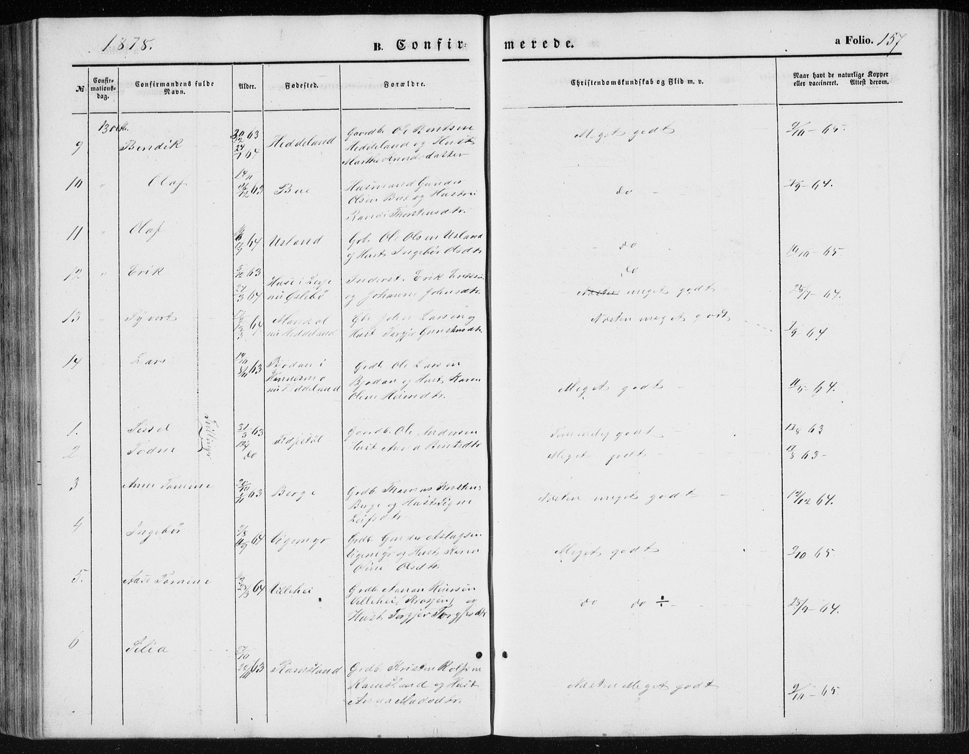 Holum sokneprestkontor, AV/SAK-1111-0022/F/Fb/Fbc/L0002: Parish register (copy) no. B 2, 1860-1882, p. 157