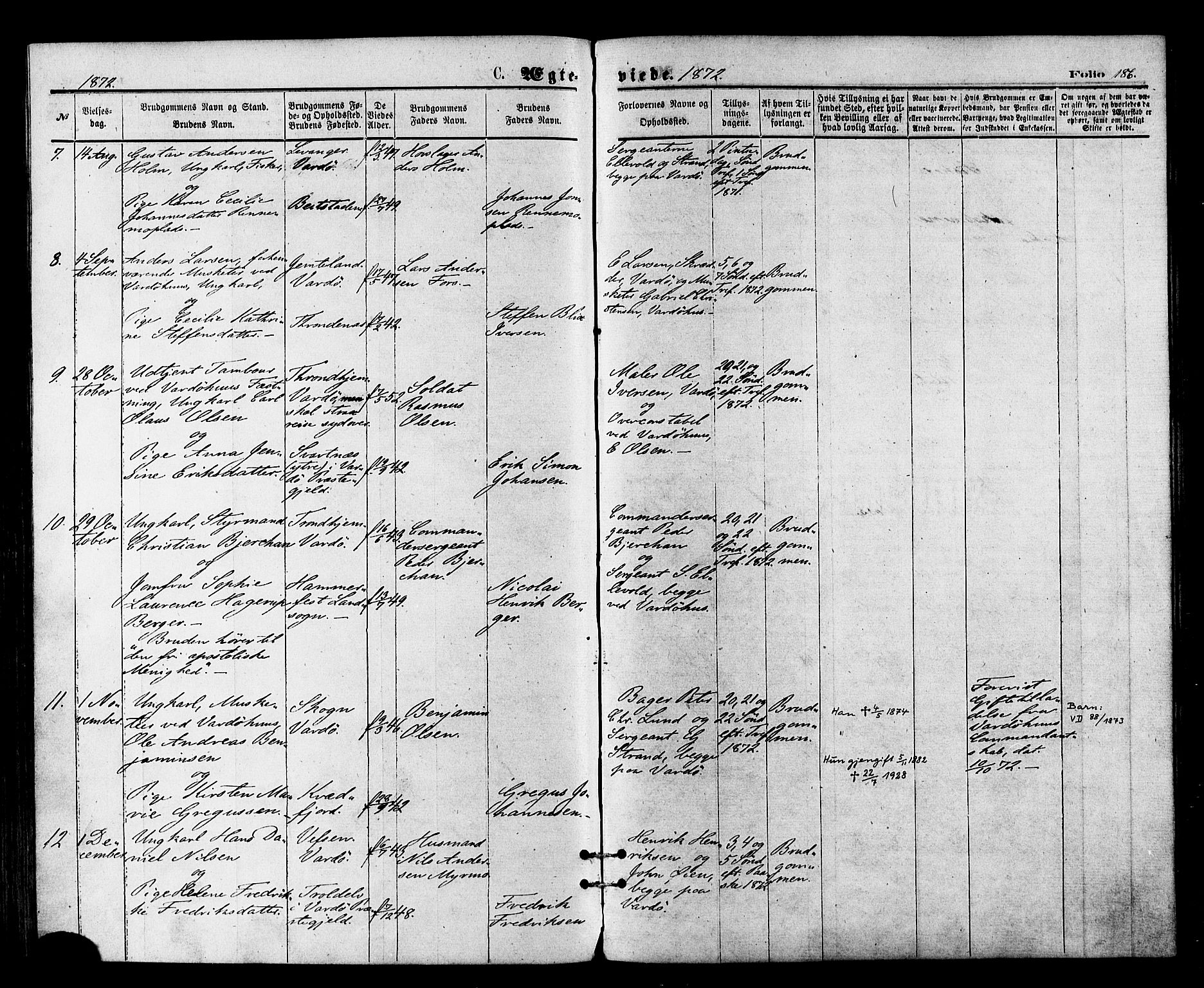 Vardø sokneprestkontor, SATØ/S-1332/H/Ha/L0005kirke: Parish register (official) no. 5, 1872-1878, p. 186