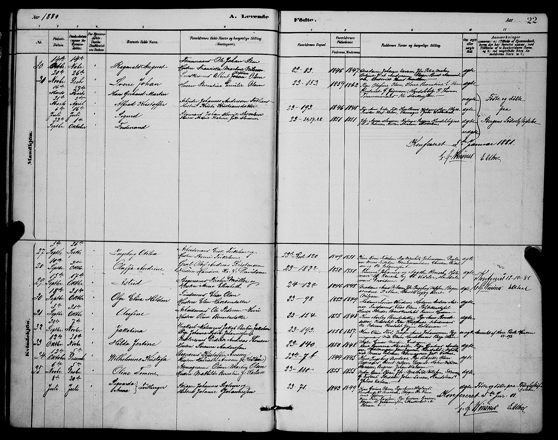 Mariakirken Sokneprestembete, SAB/A-76901/H/Hab/L0004: Parish register (copy) no. A 4, 1878-1892, p. 22
