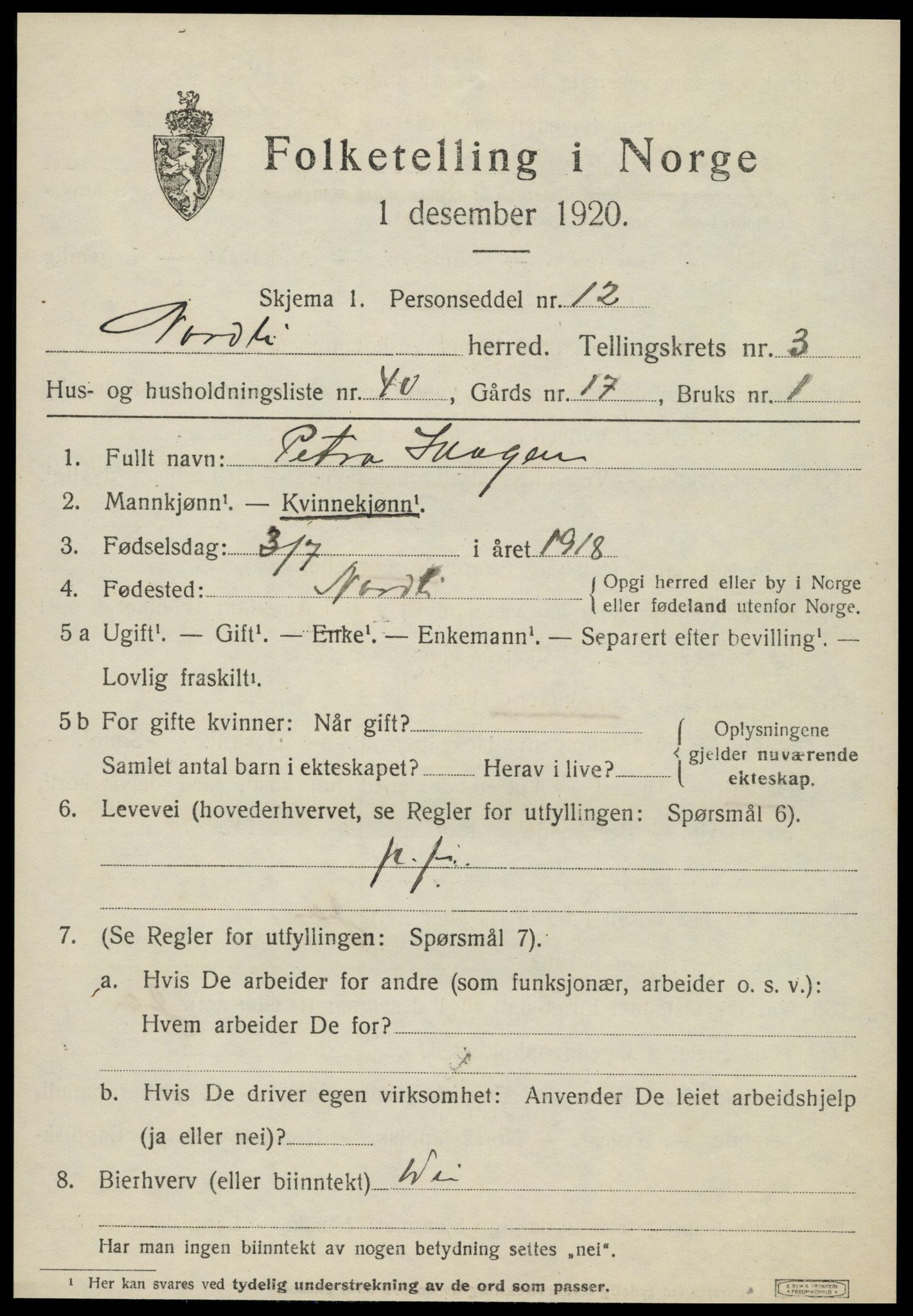 SAT, 1920 census for Nordli, 1920, p. 1805