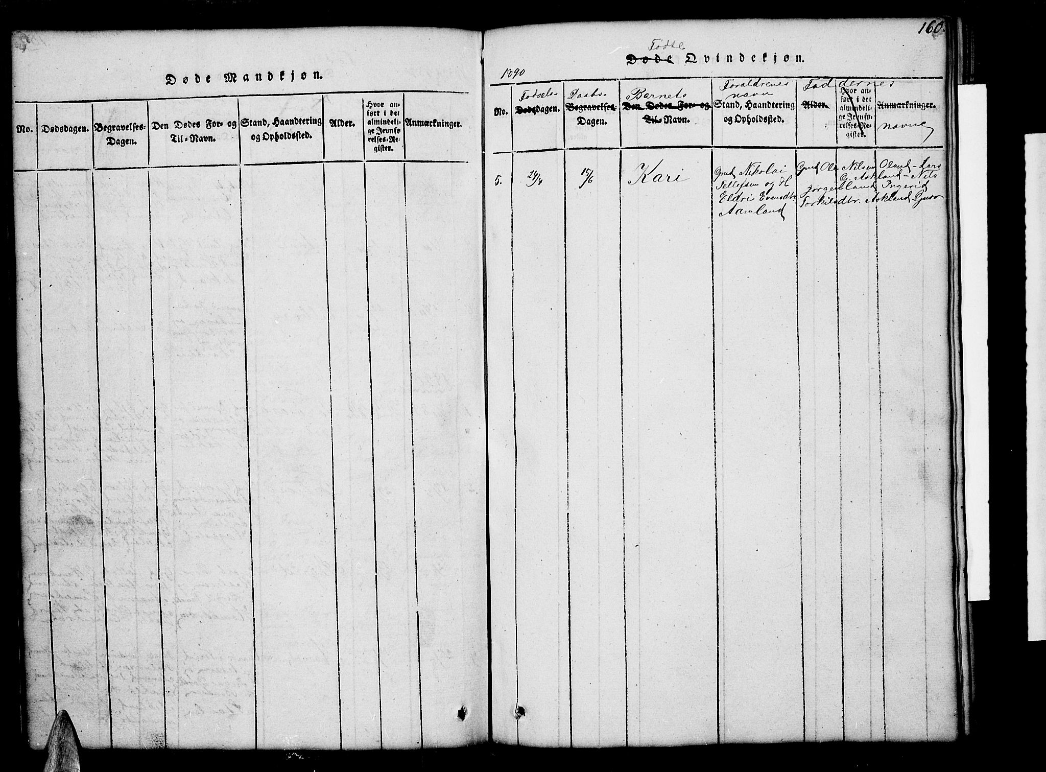 Åmli sokneprestkontor, SAK/1111-0050/F/Fb/Fba/L0001: Parish register (copy) no. B 1, 1816-1890, p. 160