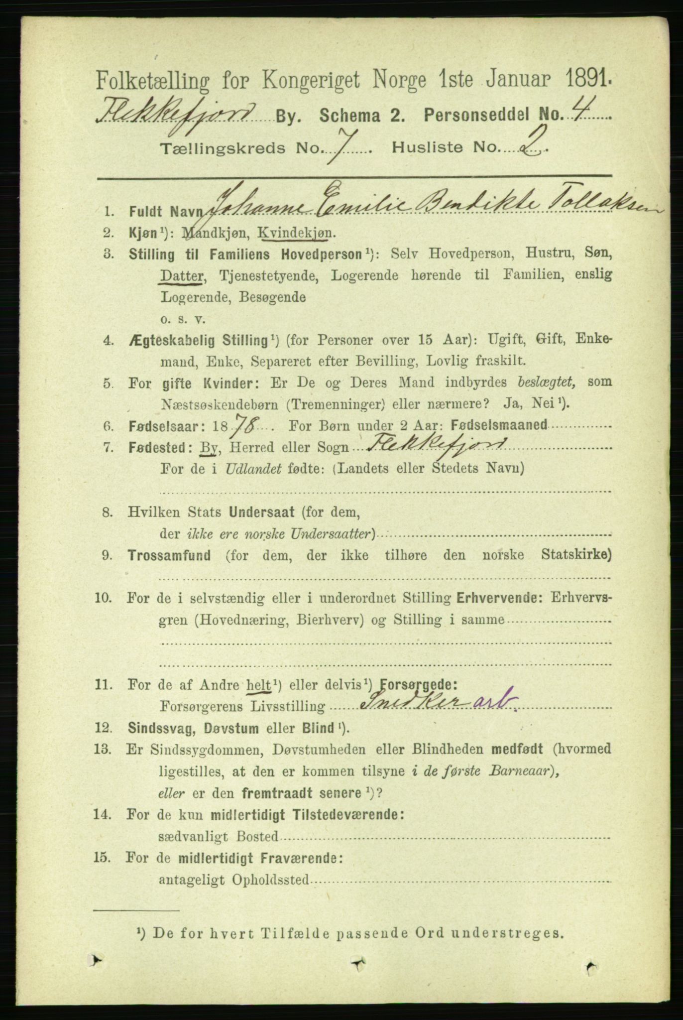 RA, 1891 census for 1004 Flekkefjord, 1891, p. 1289