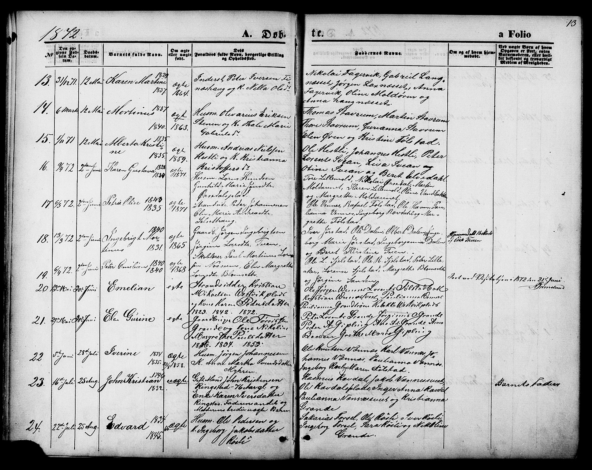 Ministerialprotokoller, klokkerbøker og fødselsregistre - Nord-Trøndelag, SAT/A-1458/744/L0419: Parish register (official) no. 744A03, 1867-1881, p. 13