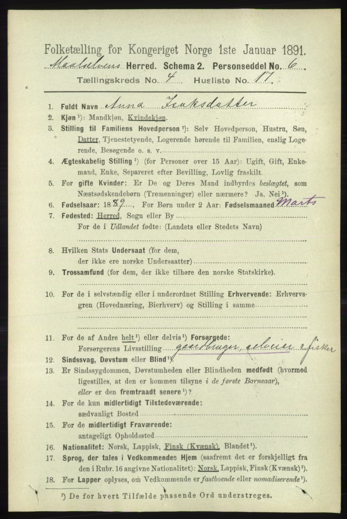 RA, 1891 census for 1924 Målselv, 1891, p. 1191