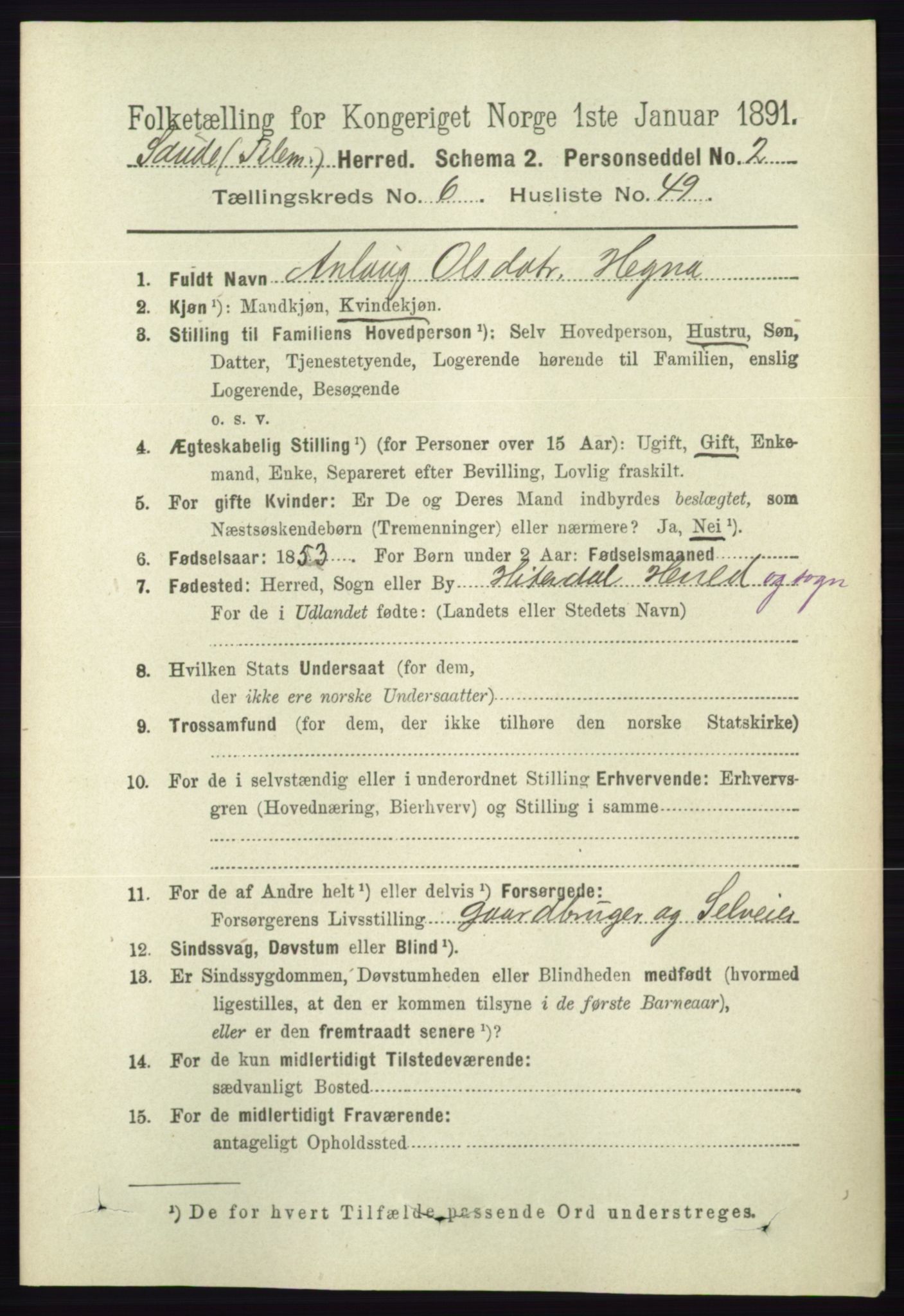 RA, 1891 census for 0822 Sauherad, 1891, p. 1961