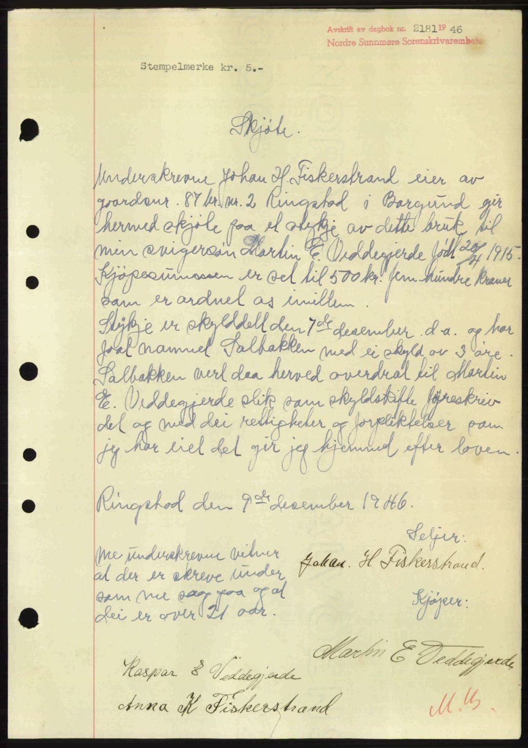 Nordre Sunnmøre sorenskriveri, AV/SAT-A-0006/1/2/2C/2Ca: Mortgage book no. A23, 1946-1947, Diary no: : 2181/1946