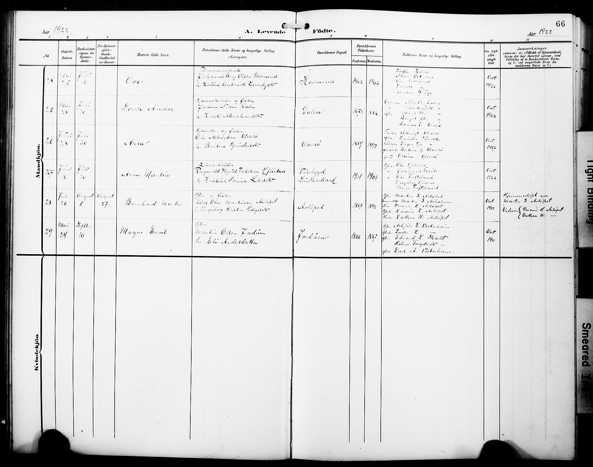 Fitjar sokneprestembete, AV/SAB-A-99926: Parish register (copy) no. B 1, 1906-1928, p. 66