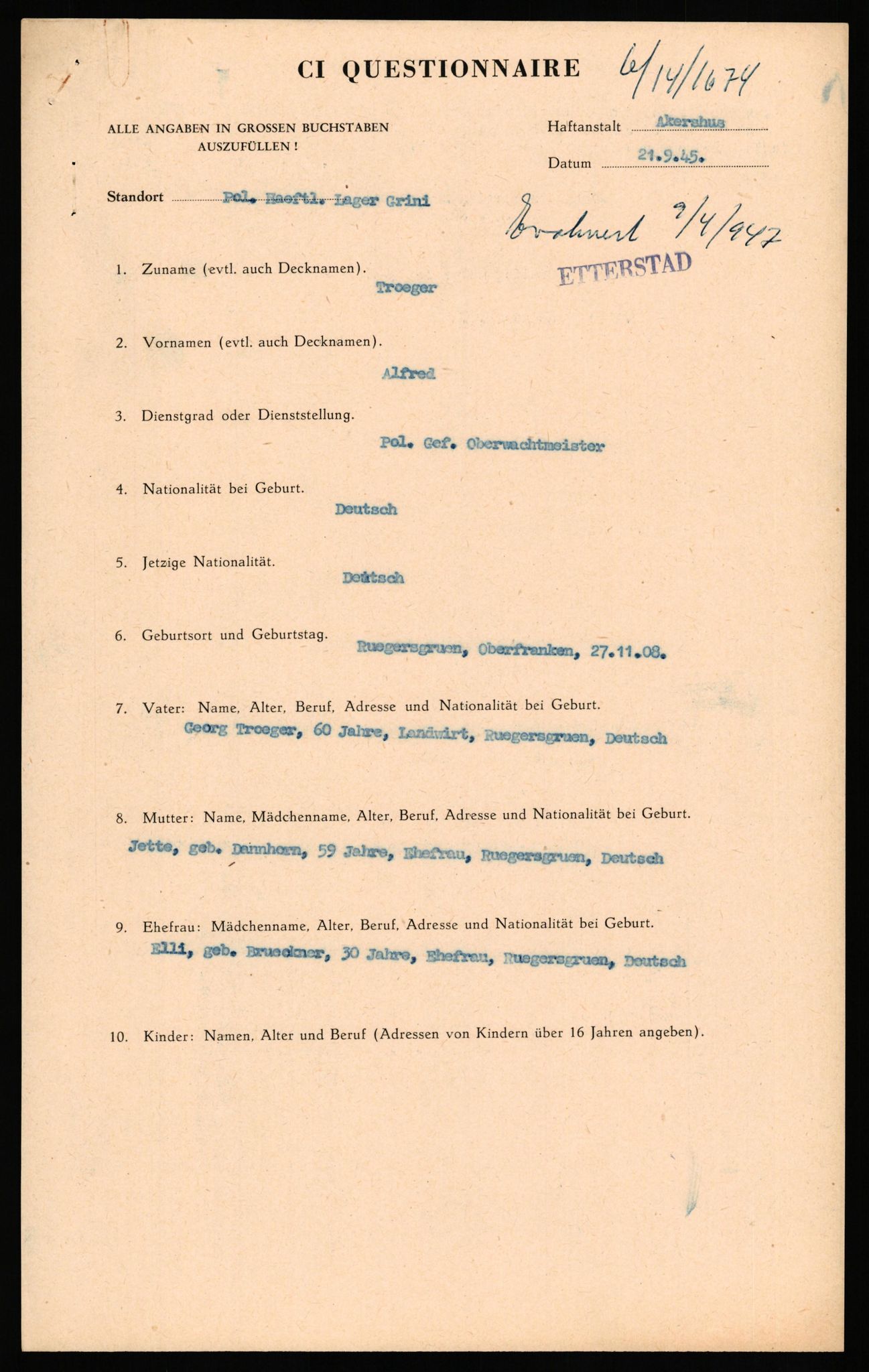 Forsvaret, Forsvarets overkommando II, RA/RAFA-3915/D/Db/L0034: CI Questionaires. Tyske okkupasjonsstyrker i Norge. Tyskere., 1945-1946, p. 90