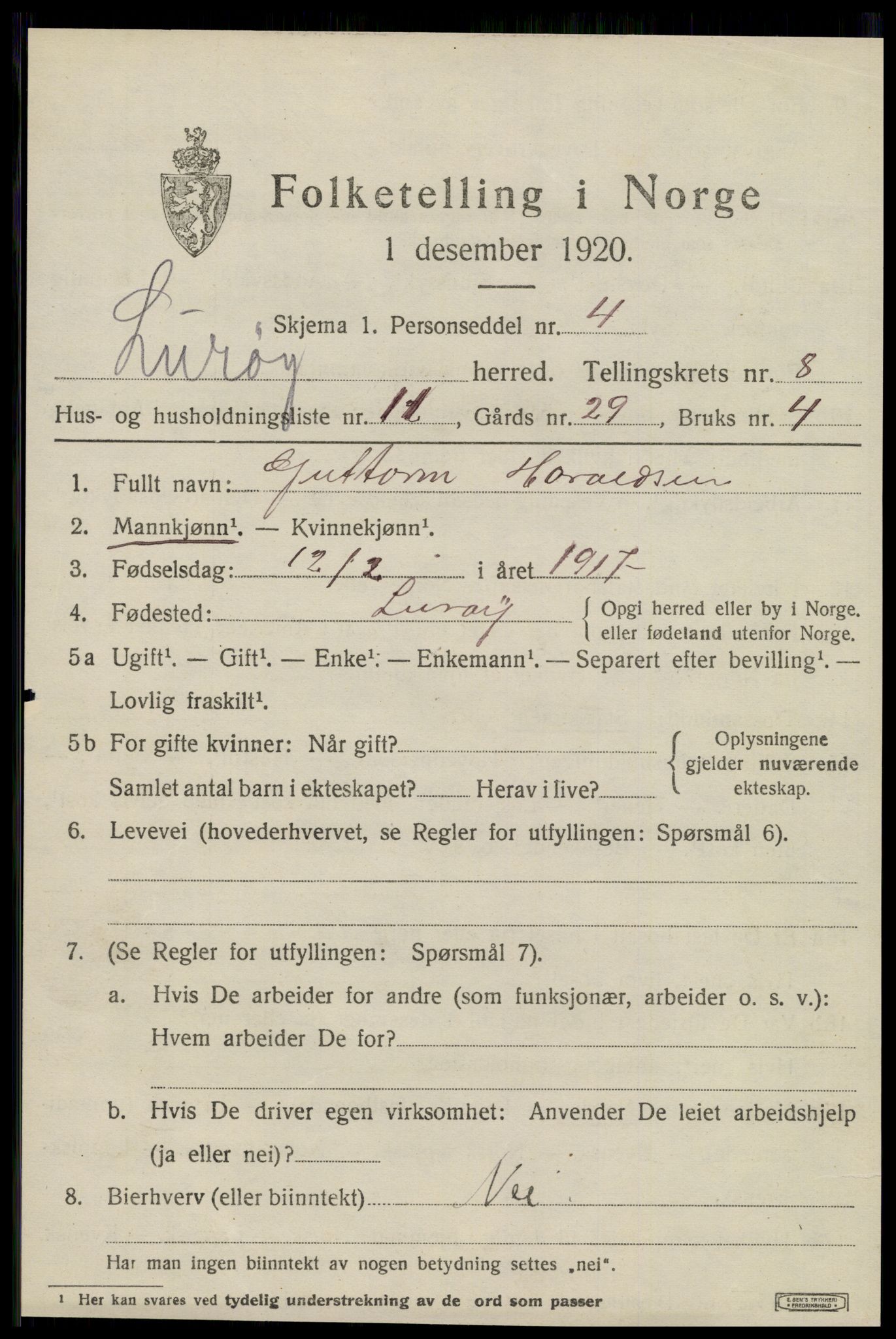 SAT, 1920 census for Lurøy, 1920, p. 4021