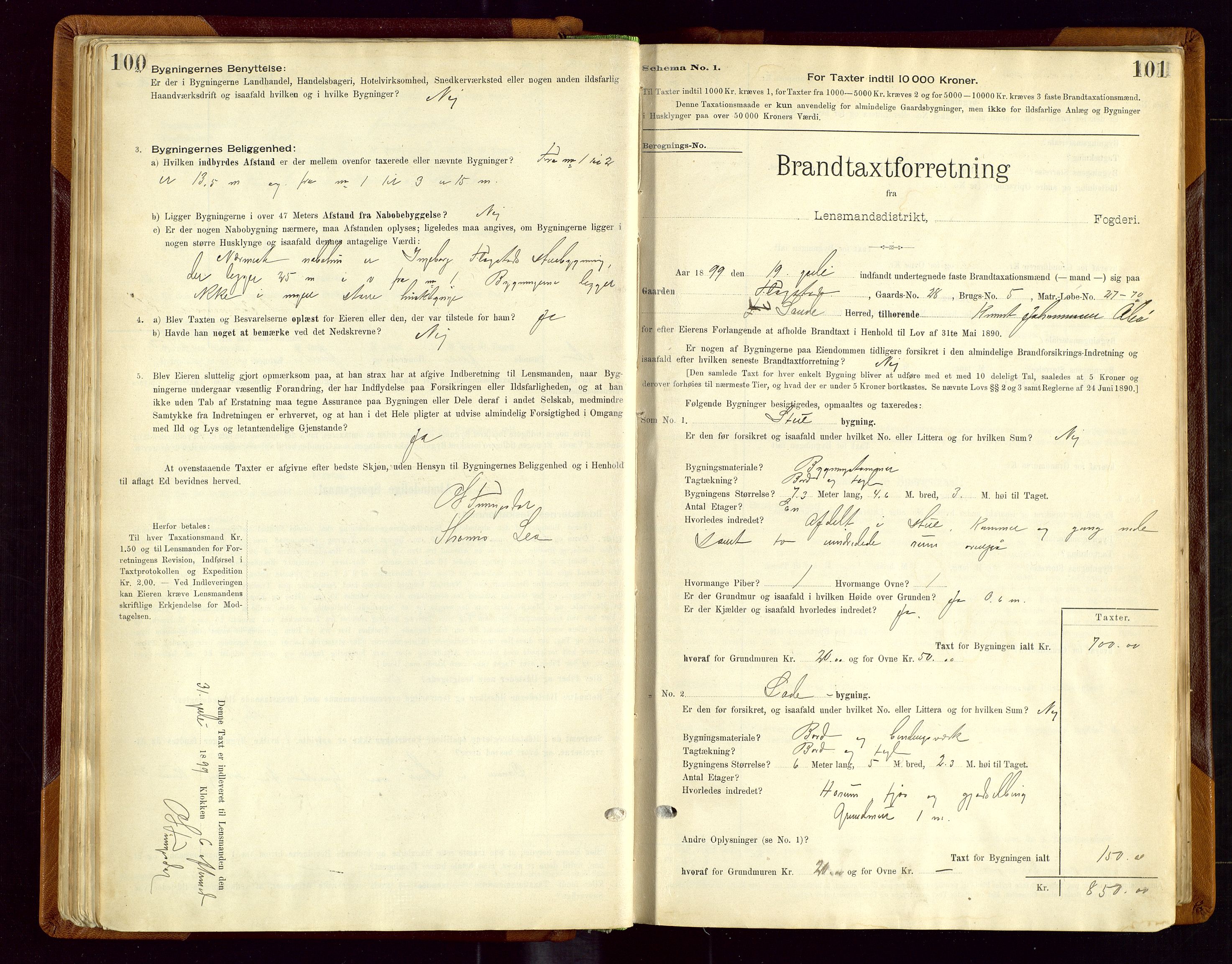 Sauda lensmannskontor, AV/SAST-A-100177/Gob/L0001: Branntakstprotokoll - skjematakst, 1894-1914, p. 100-101