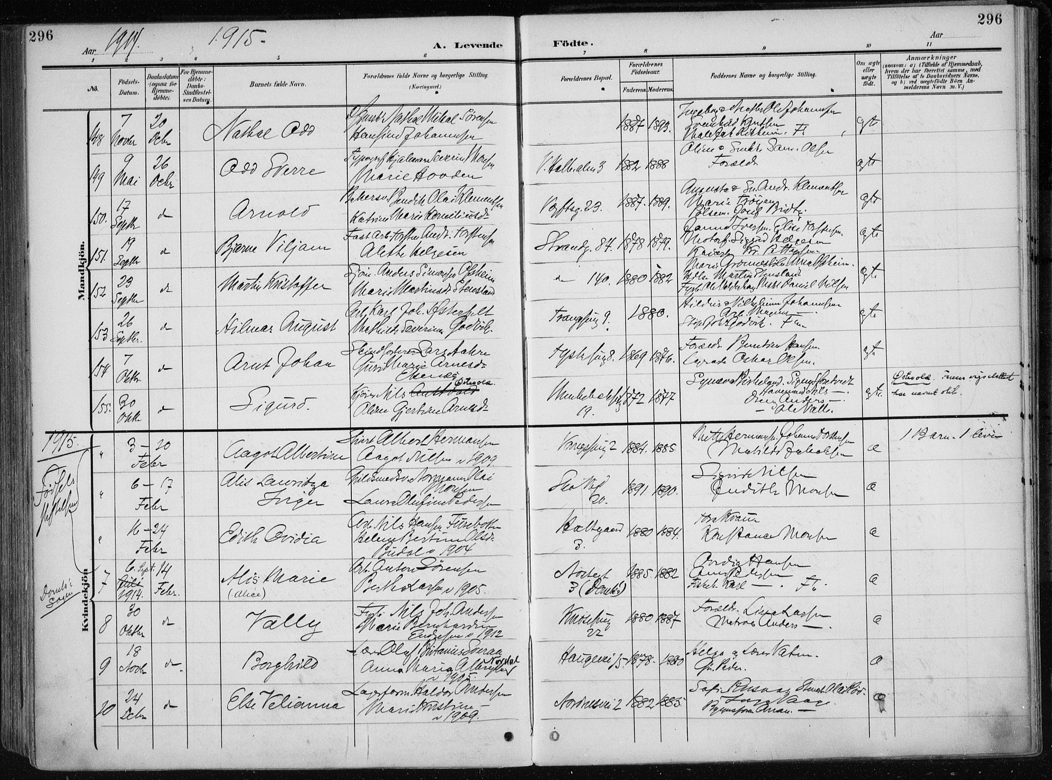 Nykirken Sokneprestembete, AV/SAB-A-77101/H/Haa/L0019: Parish register (official) no. B 7, 1904-1916, p. 296