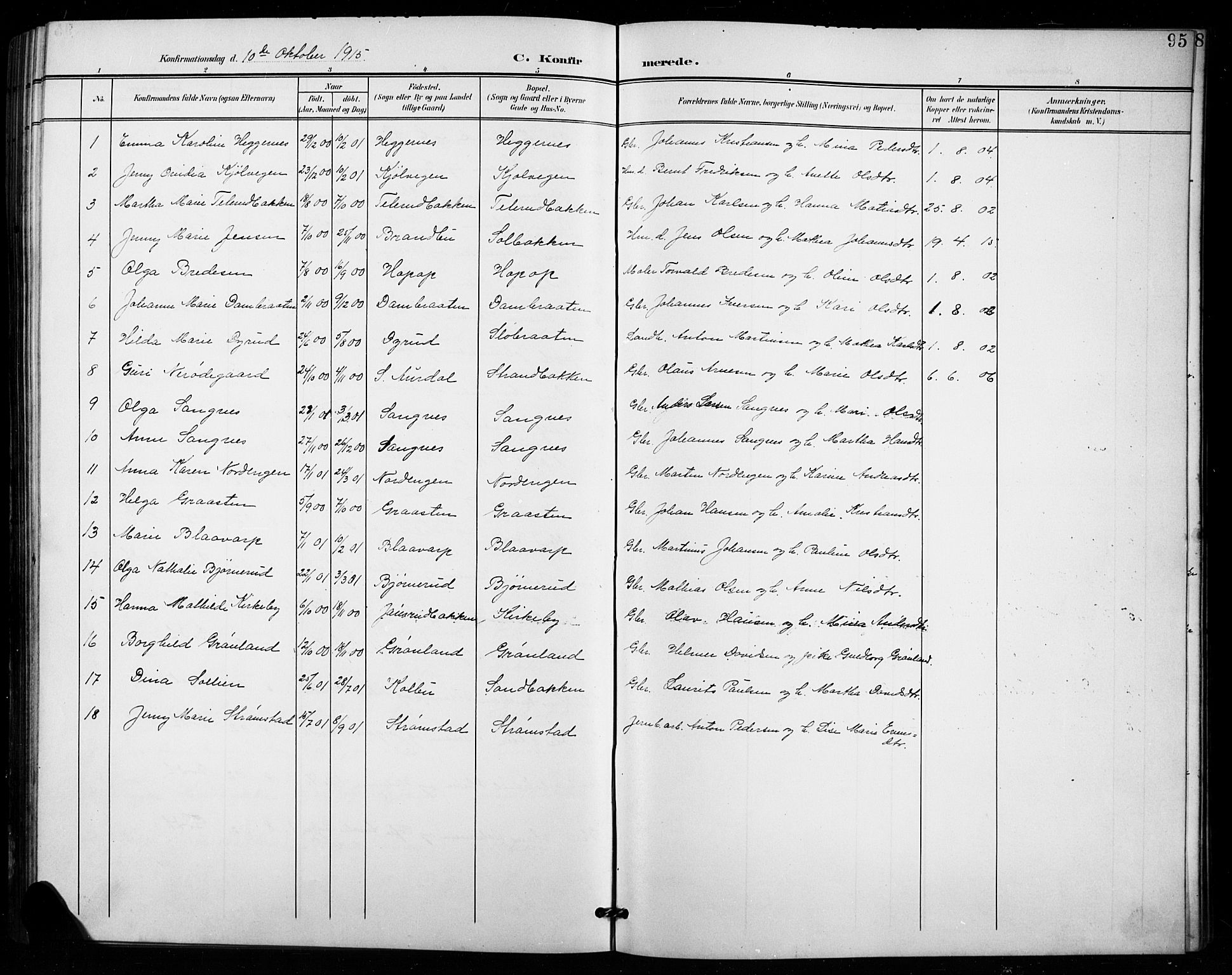 Vestre Toten prestekontor, SAH/PREST-108/H/Ha/Hab/L0016: Parish register (copy) no. 16, 1901-1915, p. 95