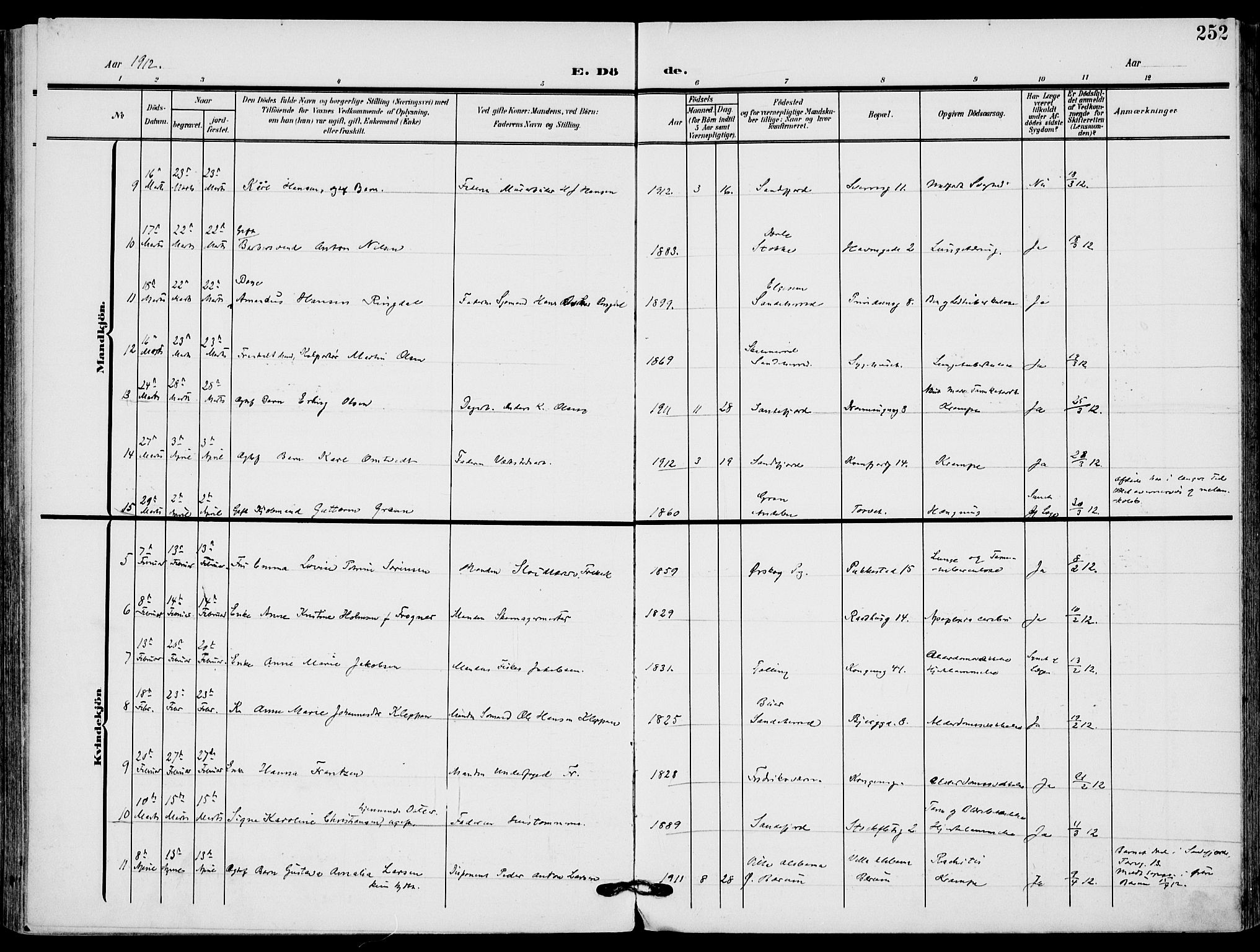 Sandefjord kirkebøker, AV/SAKO-A-315/F/Fa/L0005: Parish register (official) no. 5, 1906-1915, p. 252