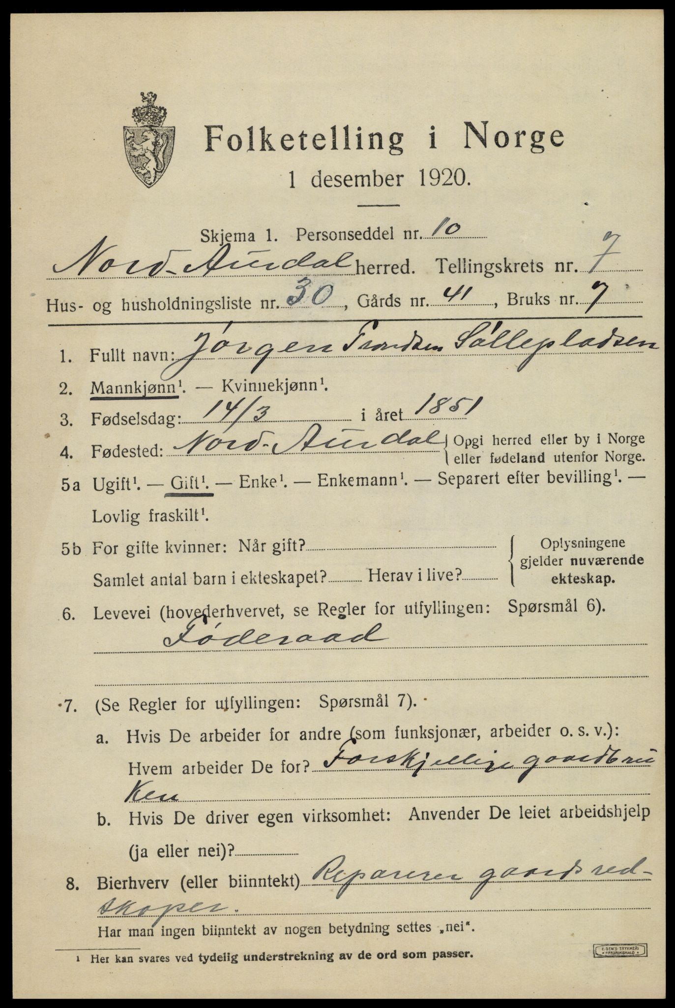 SAH, 1920 census for Nord-Aurdal, 1920, p. 6332