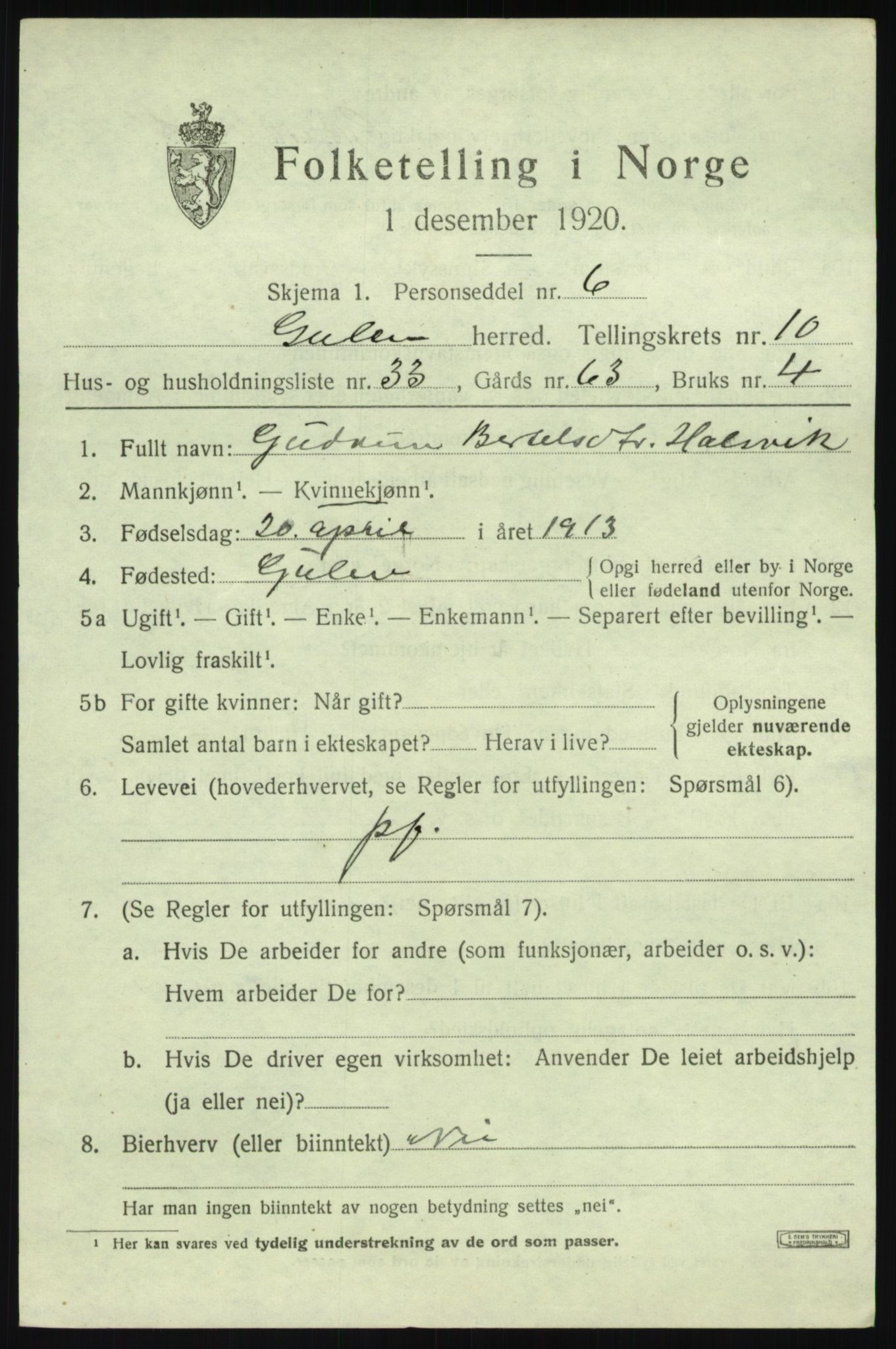 SAB, 1920 census for Gulen, 1920, p. 4977