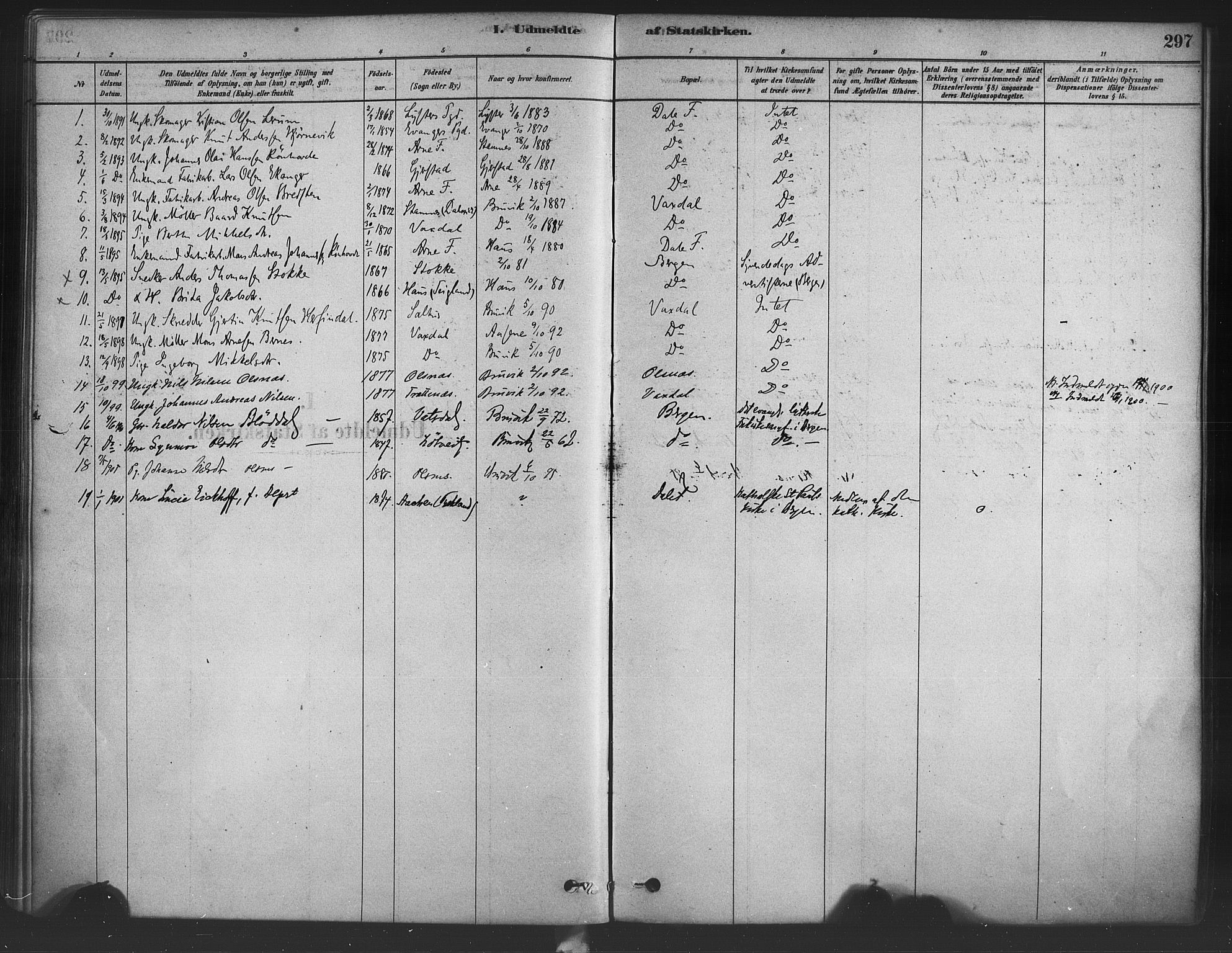 Bruvik Sokneprestembete, SAB/A-74701/H/Haa: Parish register (official) no. B 1, 1878-1904, p. 297