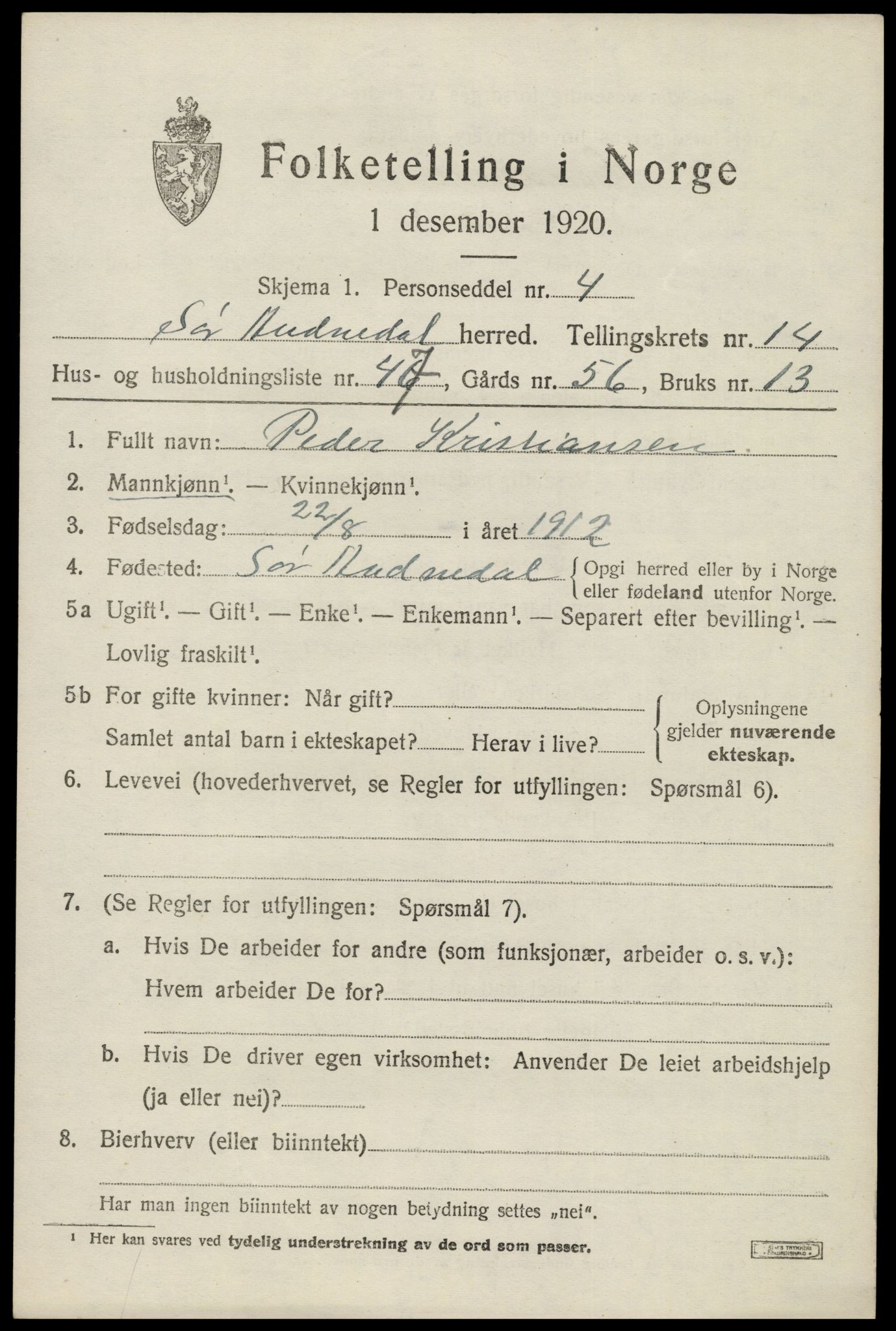 SAK, 1920 census for Sør-Audnedal, 1920, p. 5613