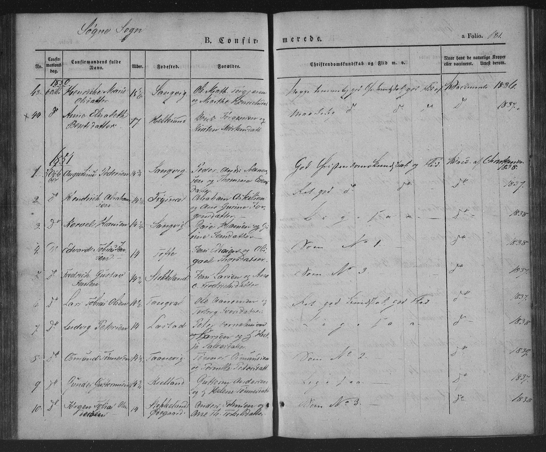 Søgne sokneprestkontor, AV/SAK-1111-0037/F/Fa/Fab/L0009: Parish register (official) no. A 9, 1838-1853, p. 181