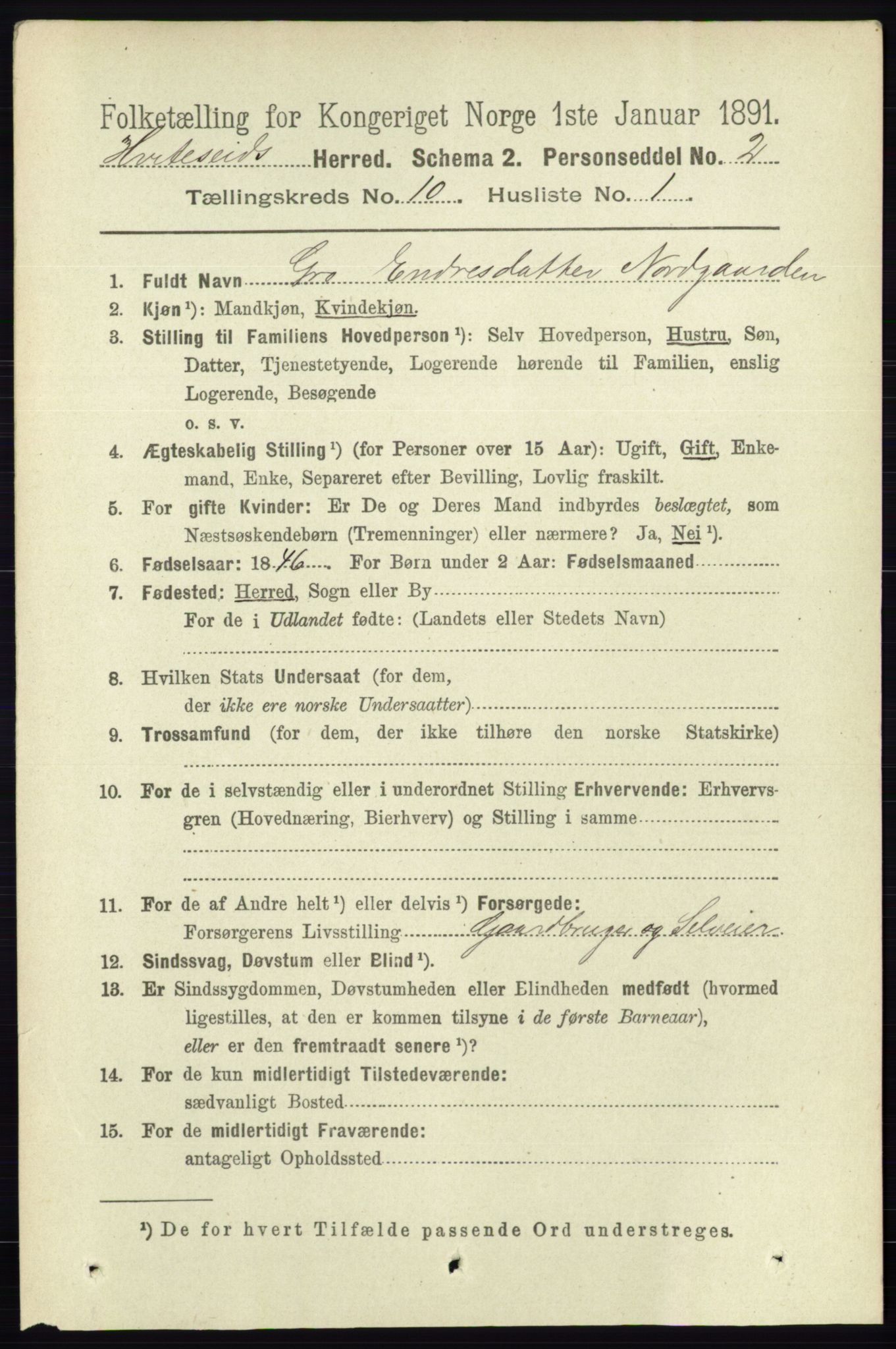 RA, 1891 census for 0829 Kviteseid, 1891, p. 2280