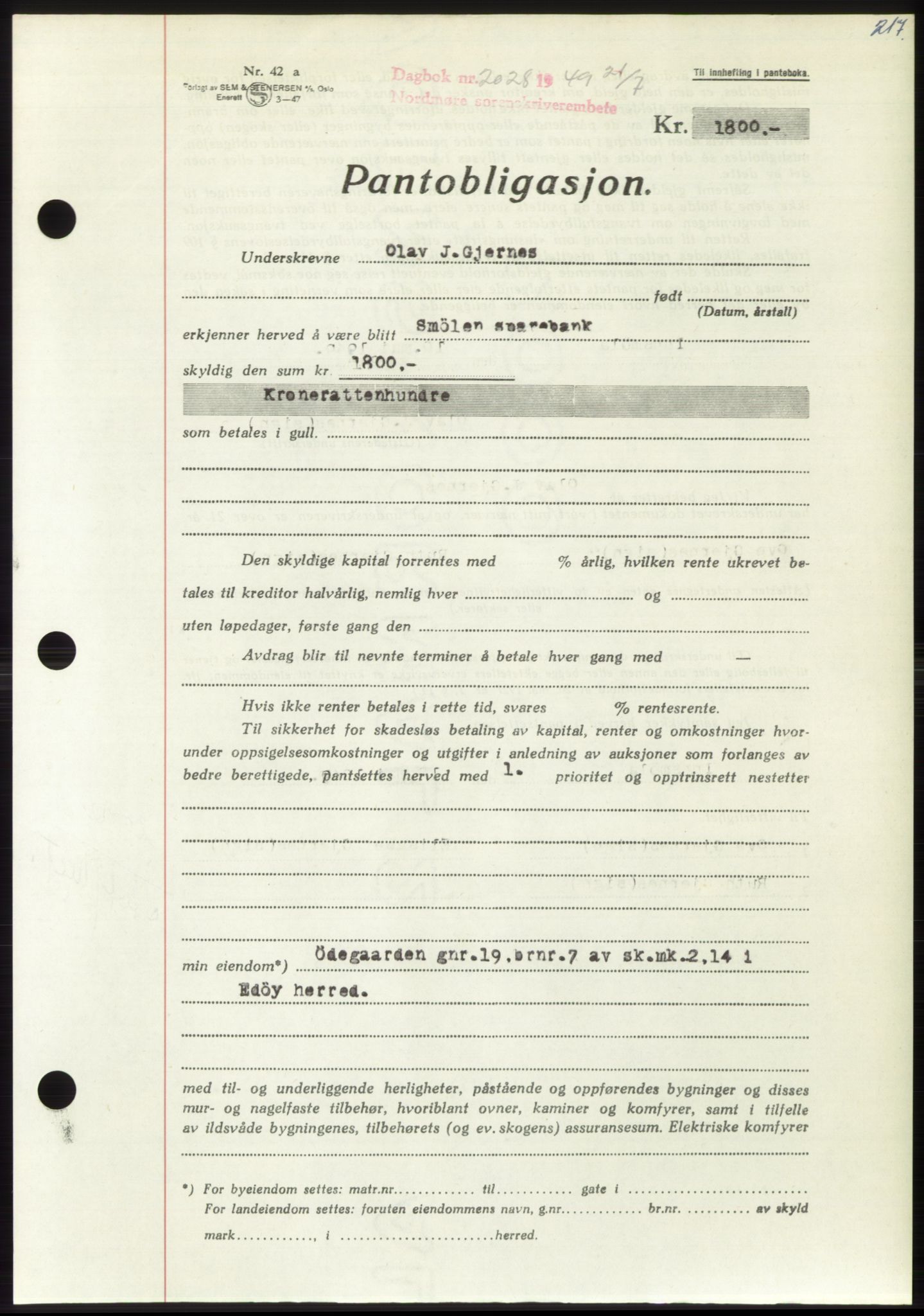 Nordmøre sorenskriveri, AV/SAT-A-4132/1/2/2Ca: Mortgage book no. B102, 1949-1949, Diary no: : 2028/1949