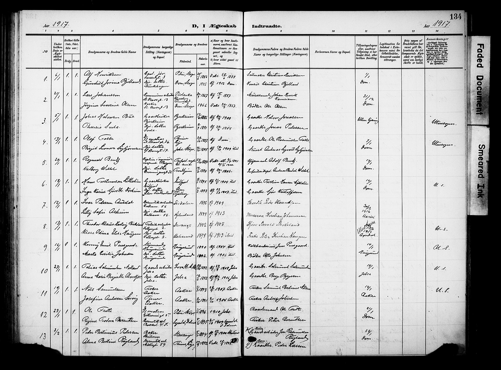 Domkirken sokneprestkontor, SAST/A-101812/001/30/30BB/L0017: Parish register (copy) no. B 17, 1902-1921, p. 134