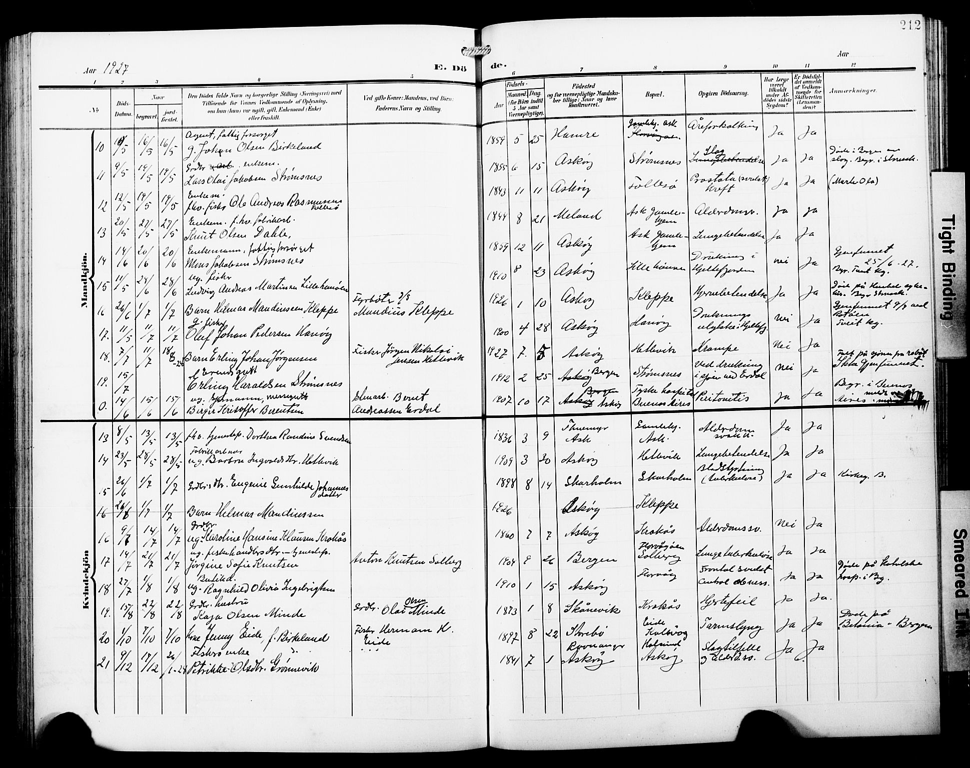 Askøy Sokneprestembete, AV/SAB-A-74101/H/Ha/Hab/Haba/L0014: Parish register (copy) no. A 14, 1904-1927, p. 212