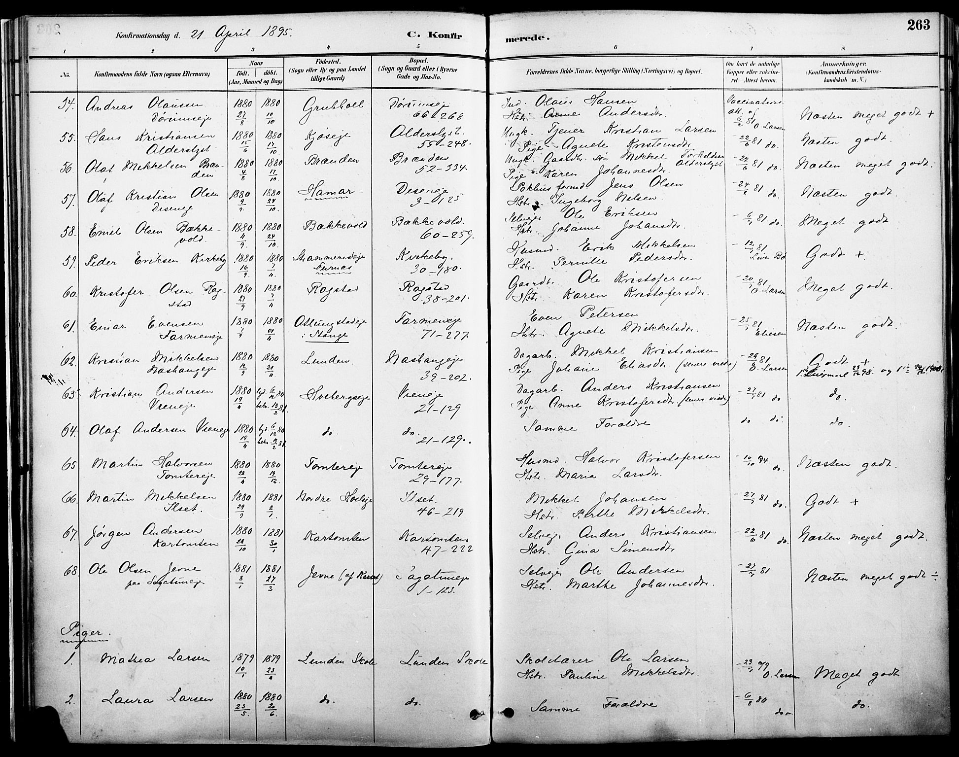 Vang prestekontor, Hedmark, AV/SAH-PREST-008/H/Ha/Haa/L0019A: Parish register (official) no. 19, 1886-1900, p. 263