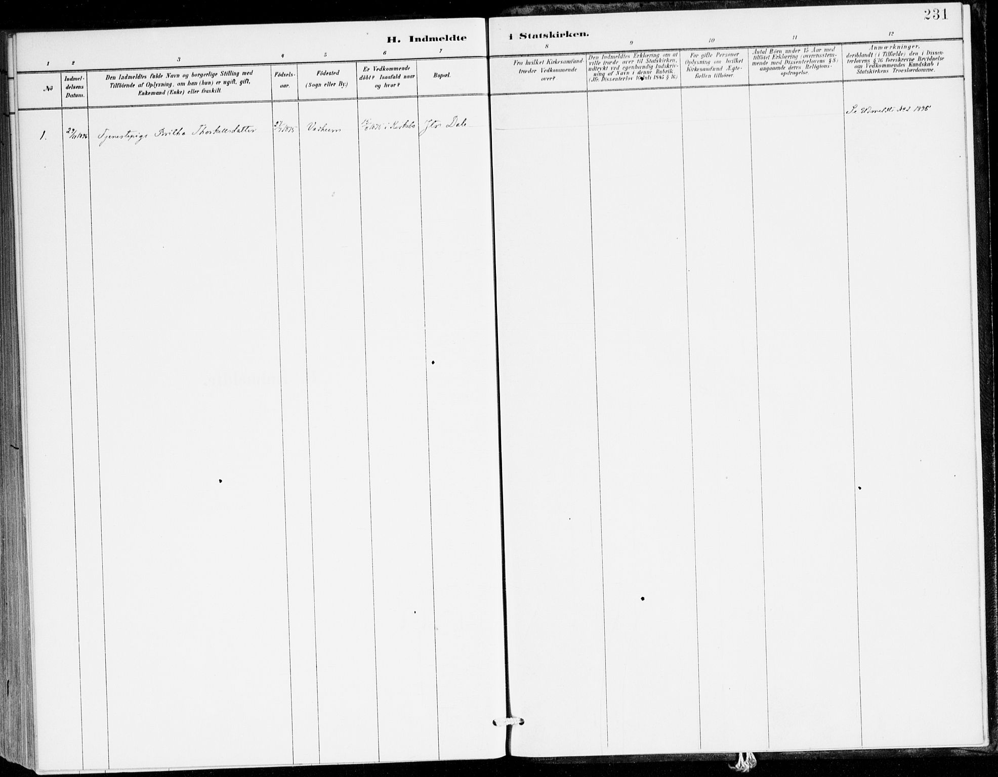 Lavik sokneprestembete, AV/SAB-A-80901: Parish register (official) no. C 1, 1882-1904, p. 231