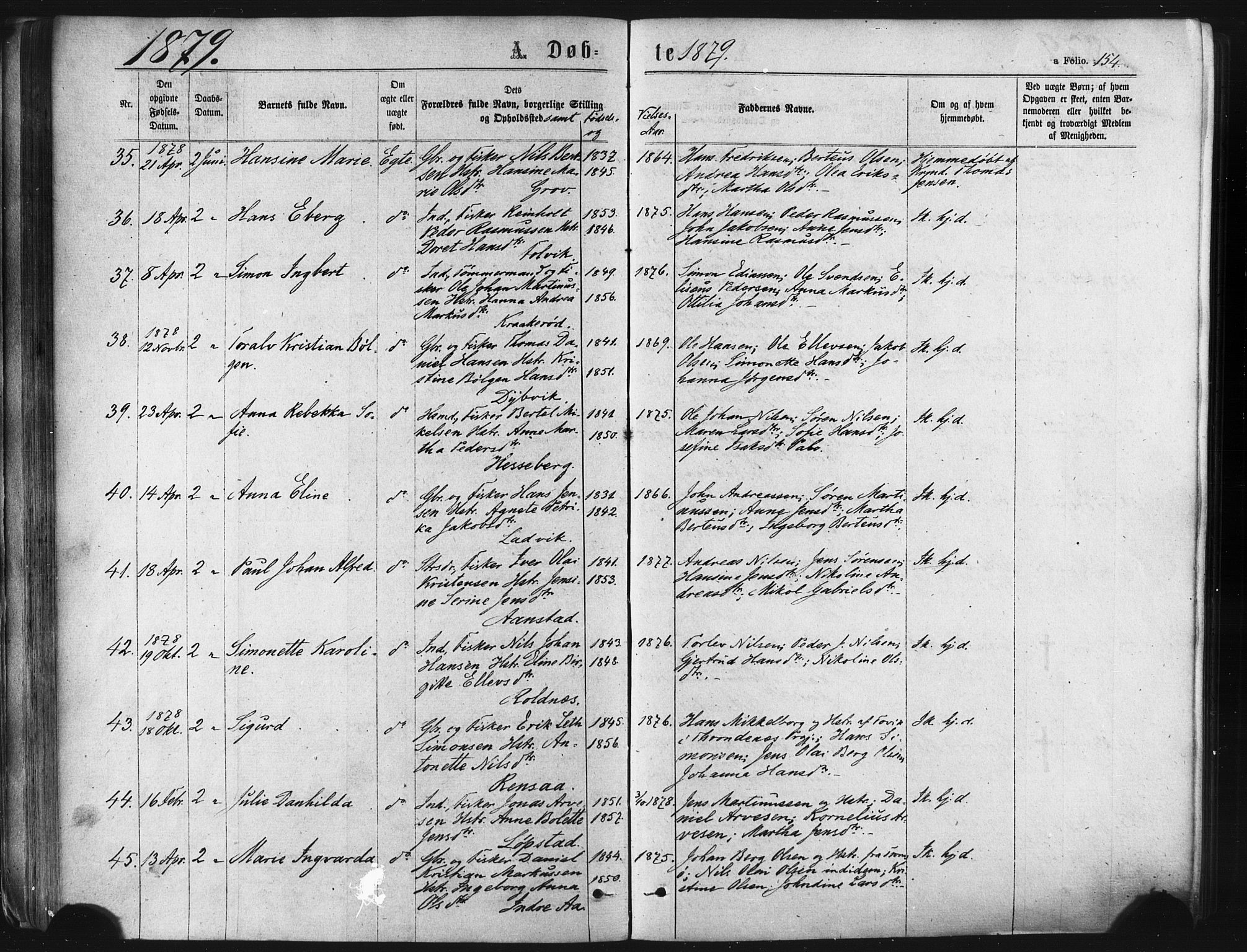 Ibestad sokneprestembete, SATØ/S-0077/H/Ha/Haa/L0010kirke: Parish register (official) no. 10, 1869-1879, p. 154
