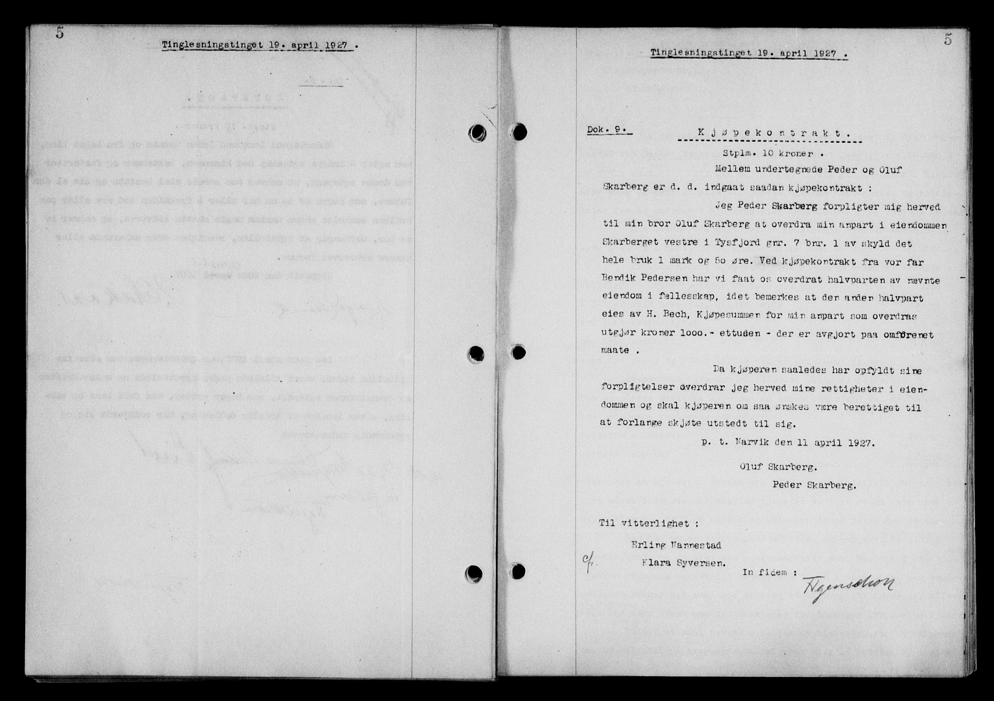 Steigen og Ofoten sorenskriveri, SAT/A-0030/1/2/2C/L0014: Mortgage book no. 13 og 15, 1926-1927, Deed date: 19.04.1927