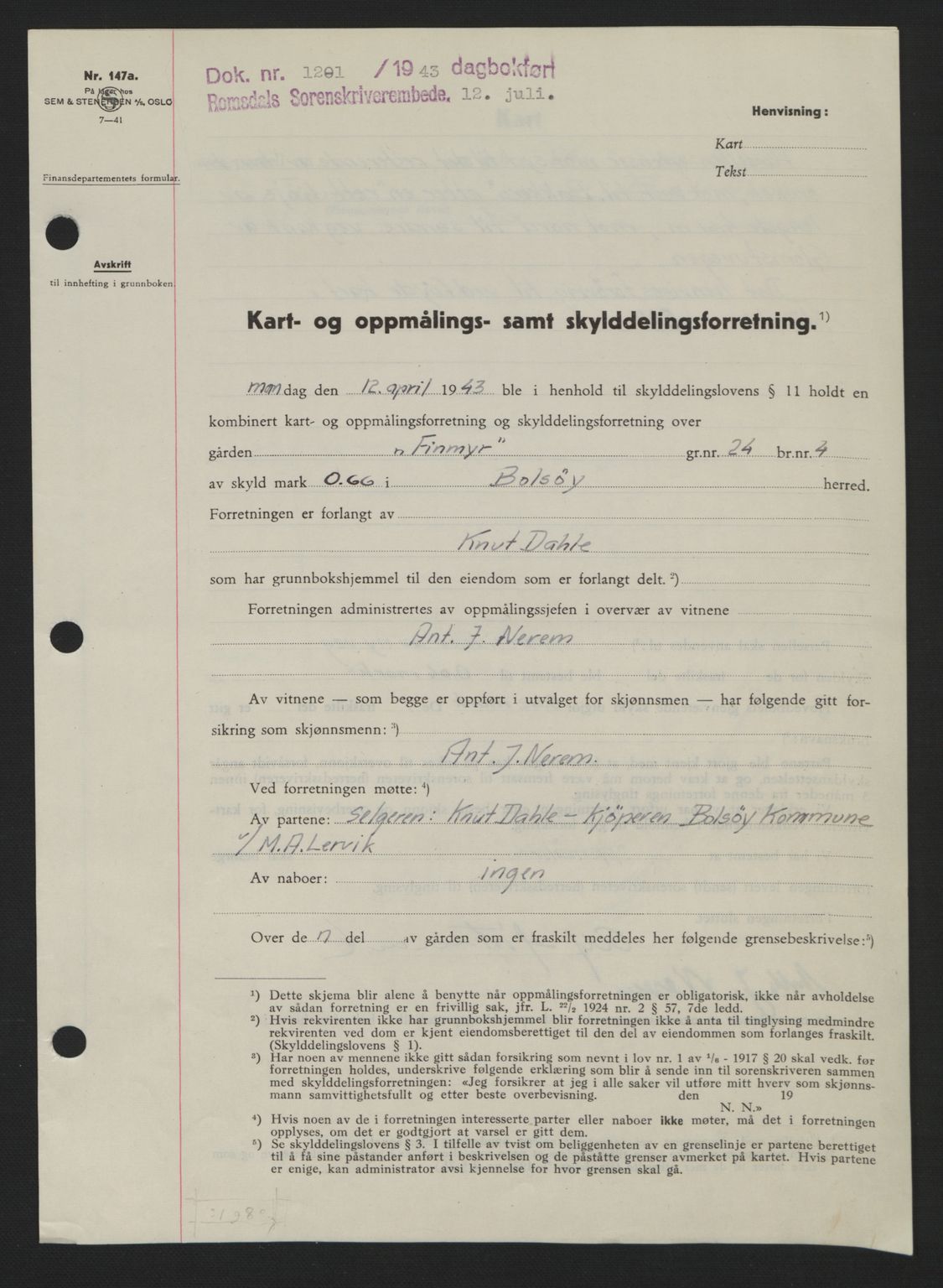 Romsdal sorenskriveri, AV/SAT-A-4149/1/2/2C: Mortgage book no. A14, 1943-1943, Diary no: : 1201/1943