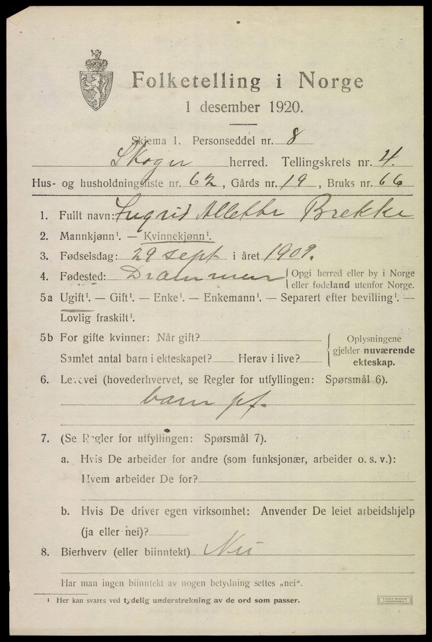 SAKO, 1920 census for Skoger, 1920, p. 10875