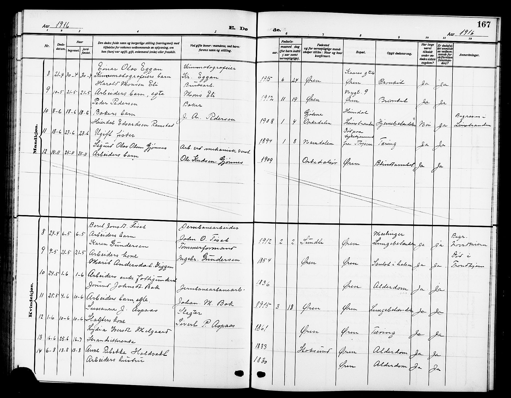 Ministerialprotokoller, klokkerbøker og fødselsregistre - Sør-Trøndelag, AV/SAT-A-1456/669/L0831: Parish register (copy) no. 669C01, 1909-1924, p. 167