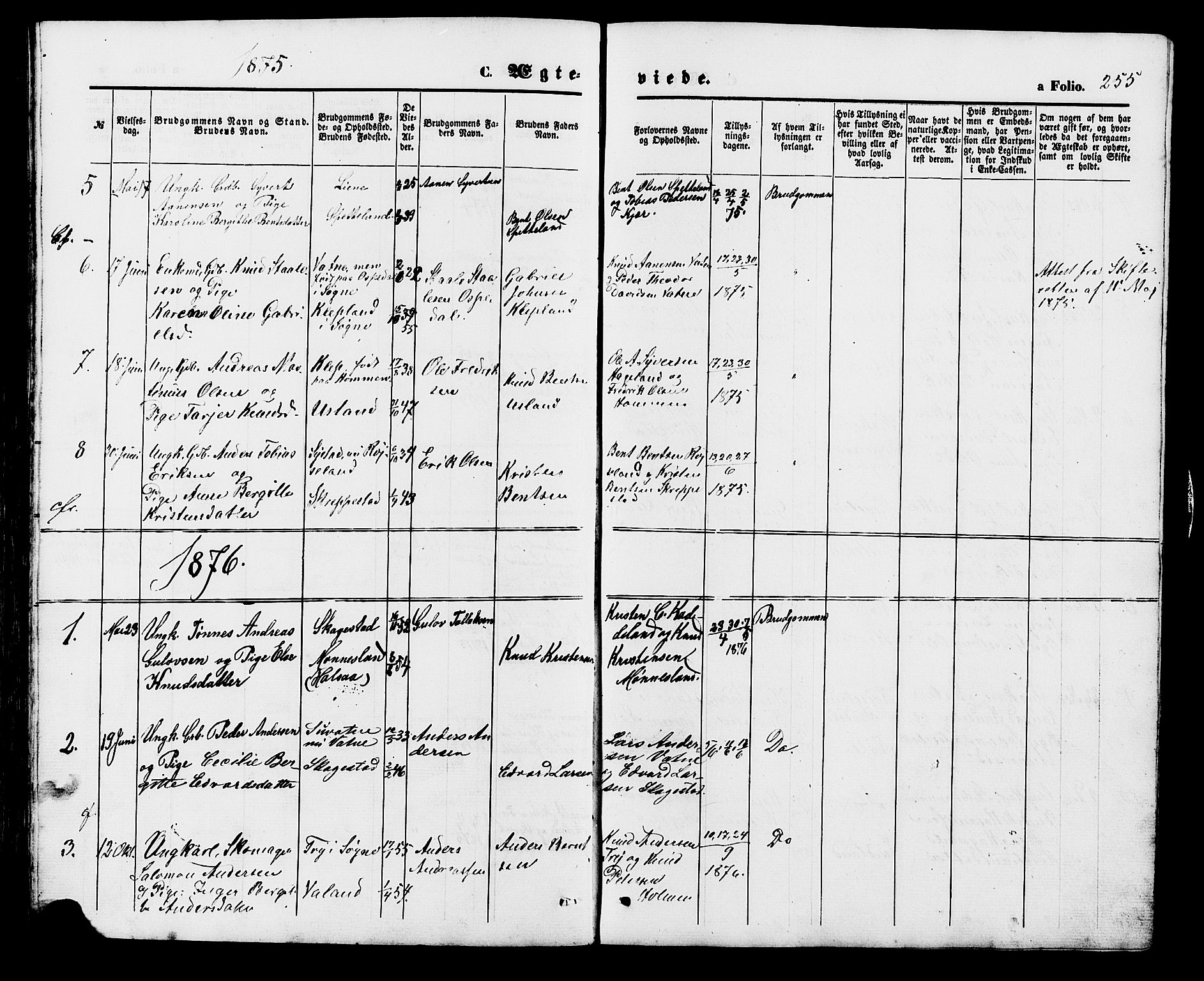 Holum sokneprestkontor, SAK/1111-0022/F/Fb/Fba/L0004: Parish register (copy) no. B 4, 1867-1890, p. 255