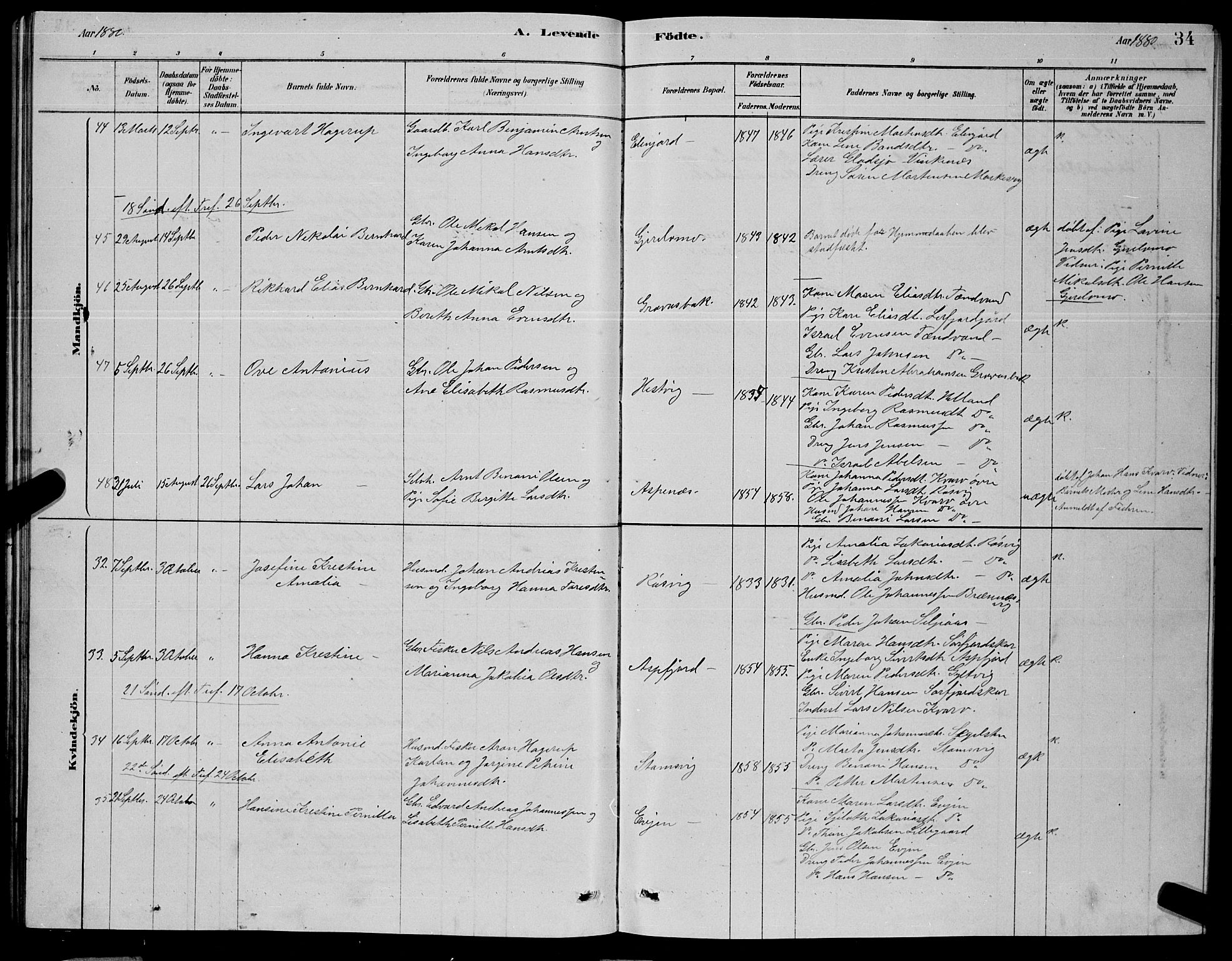 Ministerialprotokoller, klokkerbøker og fødselsregistre - Nordland, AV/SAT-A-1459/853/L0776: Parish register (copy) no. 853C04, 1878-1889, p. 34