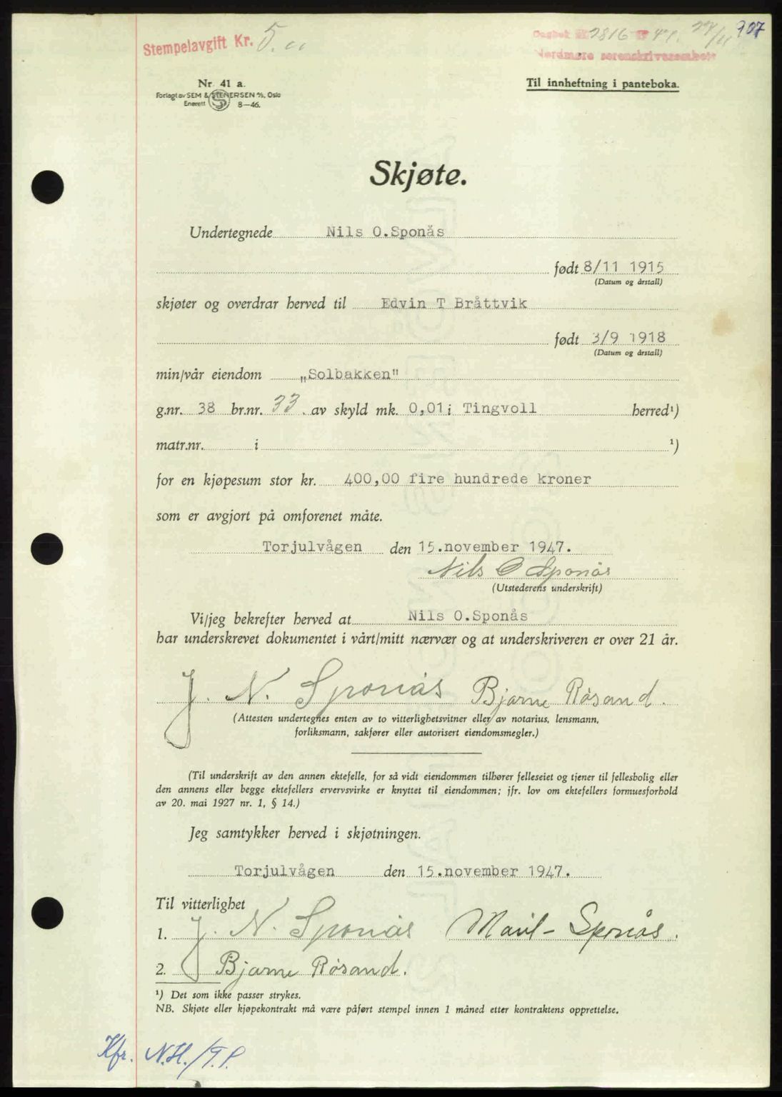 Nordmøre sorenskriveri, AV/SAT-A-4132/1/2/2Ca: Mortgage book no. A106, 1947-1947, Diary no: : 2816/1947