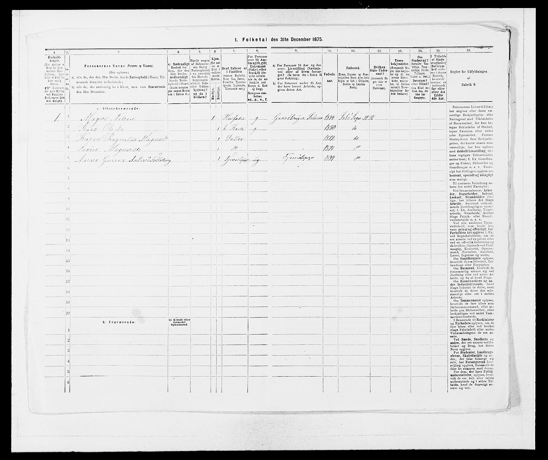 SAB, 1875 census for 1261P Manger, 1875, p. 1157