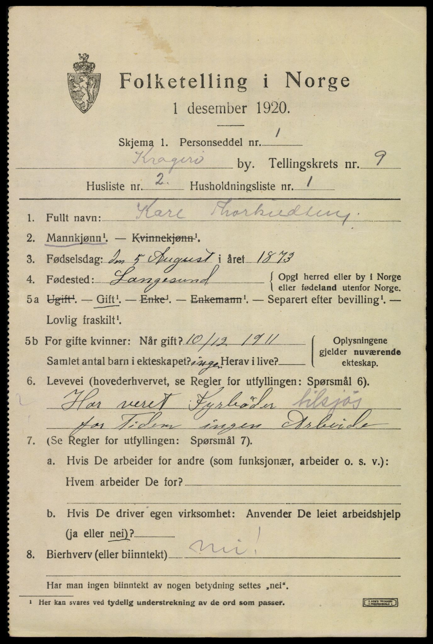 SAKO, 1920 census for Kragerø, 1920, p. 11975