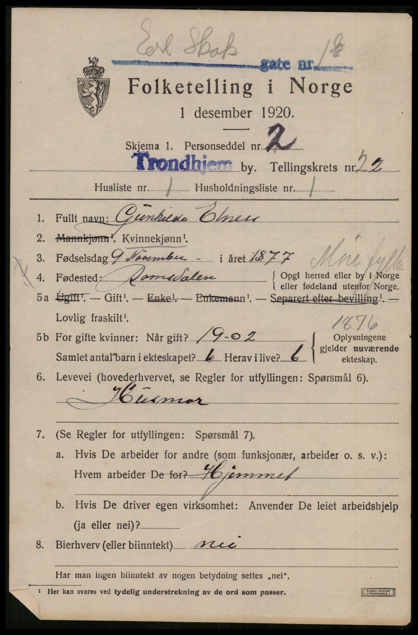 SAT, 1920 census for Trondheim, 1920, p. 62402