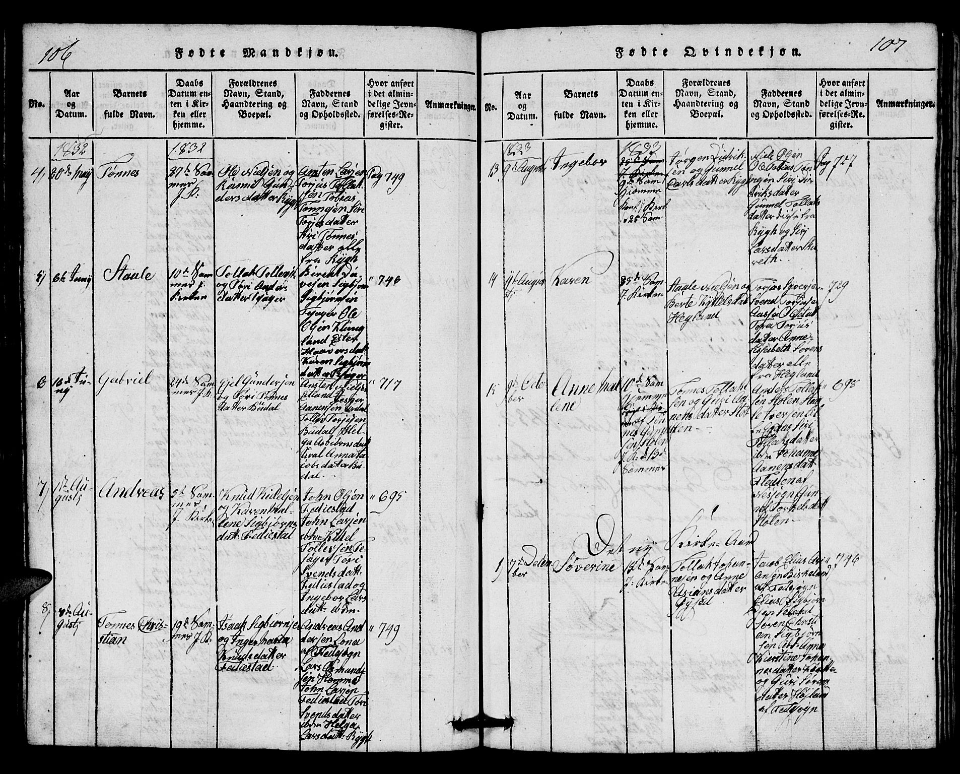 Bakke sokneprestkontor, SAK/1111-0002/F/Fb/Fbb/L0001: Parish register (copy) no. B 1, 1815-1835, p. 106-107