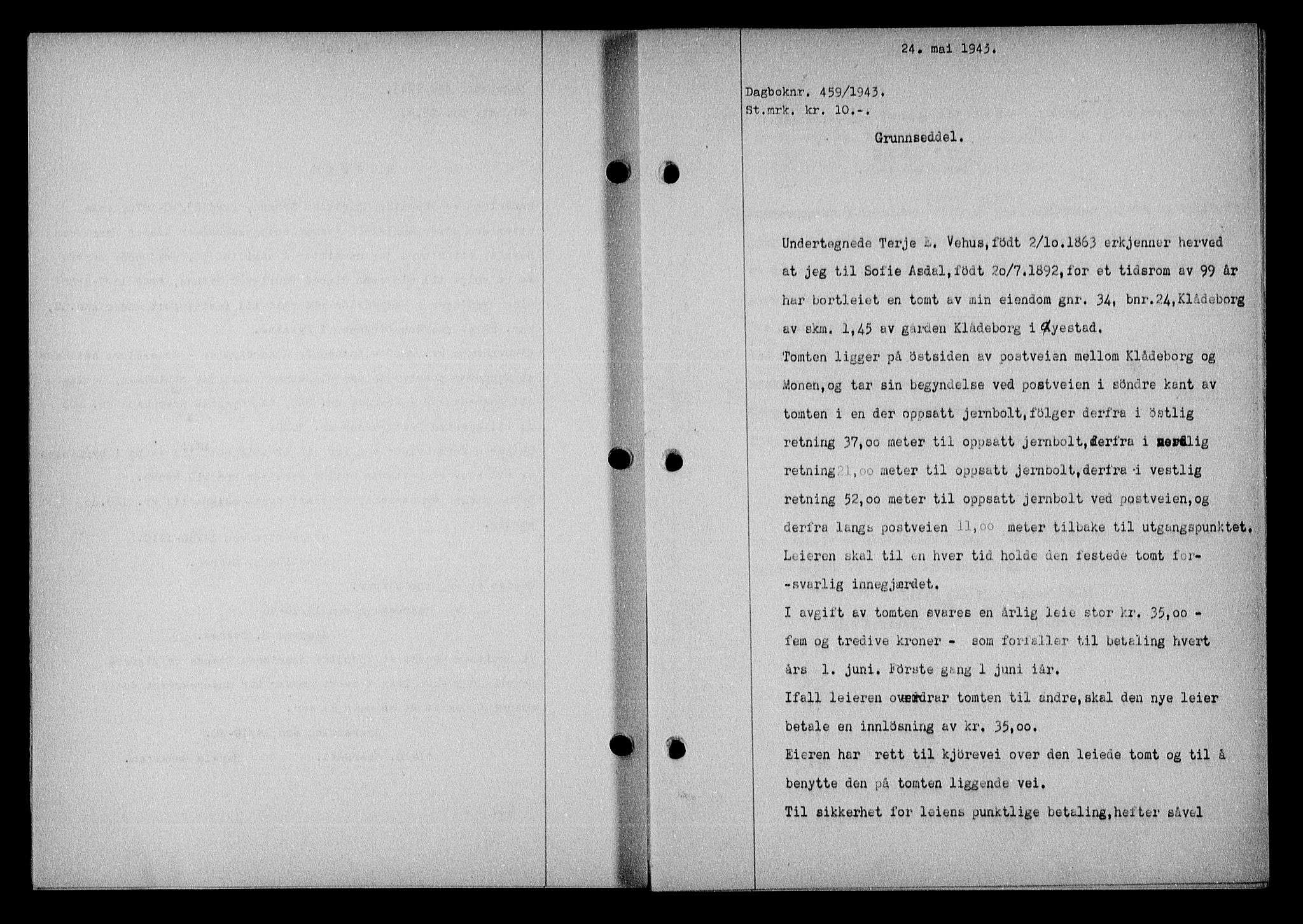 Nedenes sorenskriveri, SAK/1221-0006/G/Gb/Gba/L0050: Mortgage book no. A-IV, 1942-1943, Diary no: : 459/1943