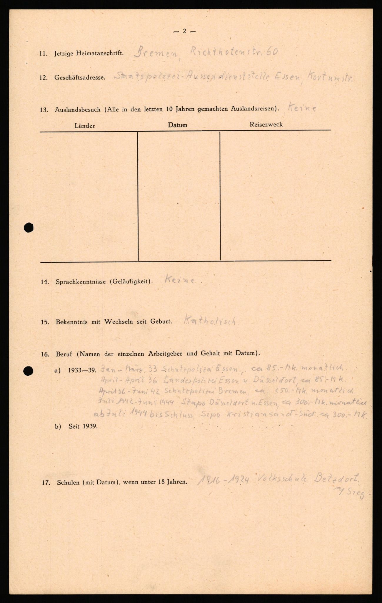 Forsvaret, Forsvarets overkommando II, RA/RAFA-3915/D/Db/L0035: CI Questionaires. Tyske okkupasjonsstyrker i Norge. Tyskere., 1945-1946, p. 130