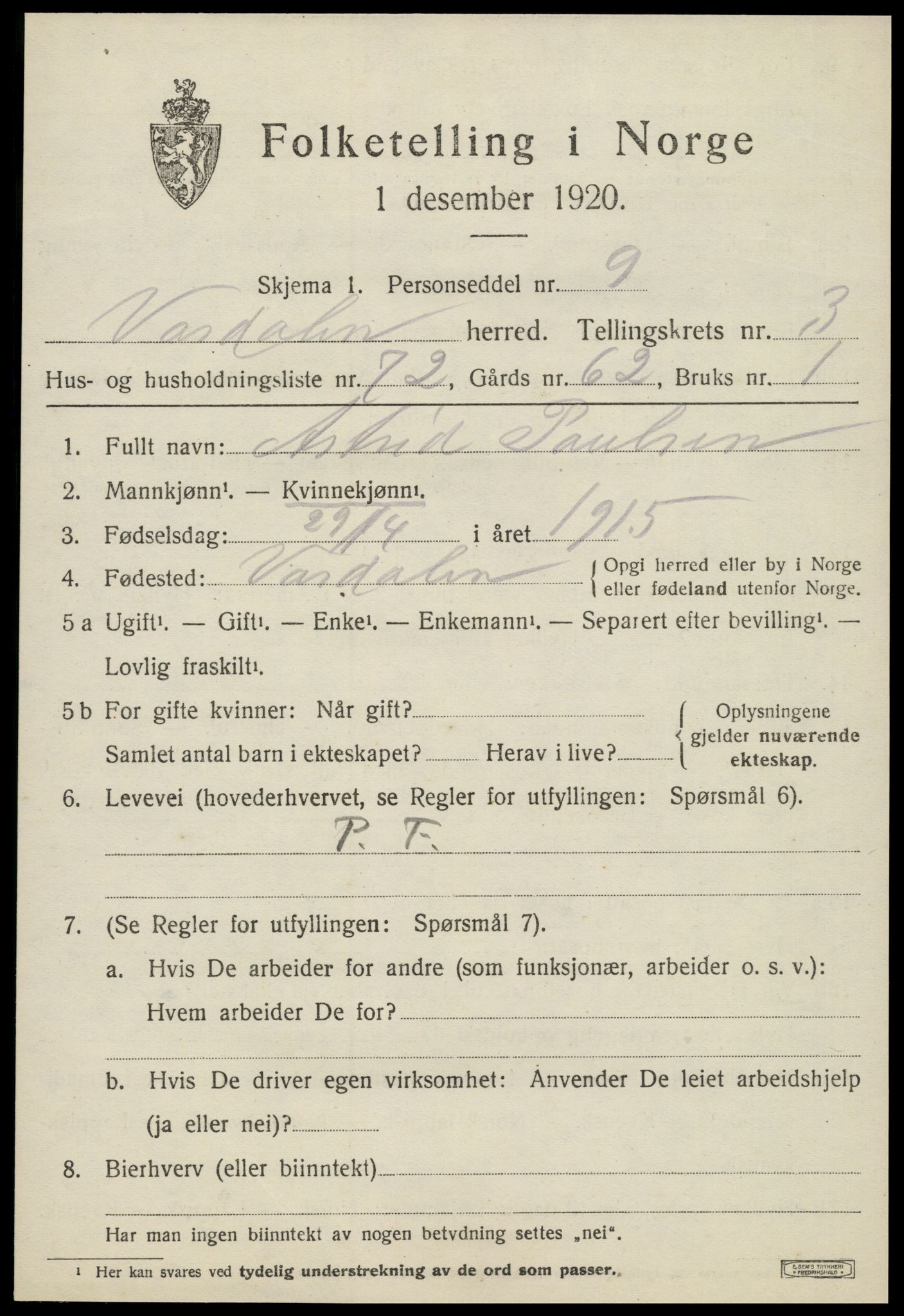 SAT, 1920 census for Verdal, 1920, p. 7579