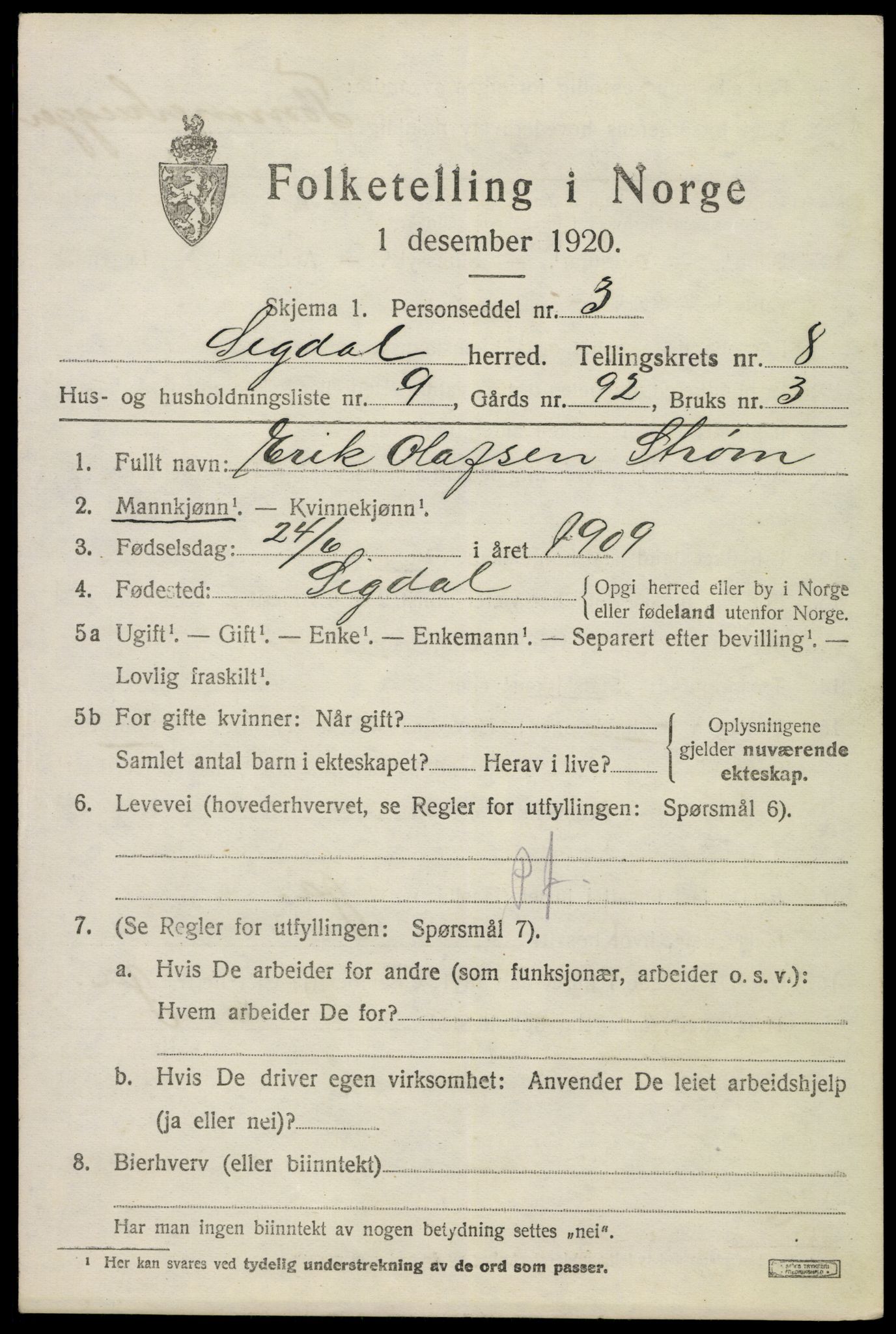 SAKO, 1920 census for Sigdal, 1920, p. 6094