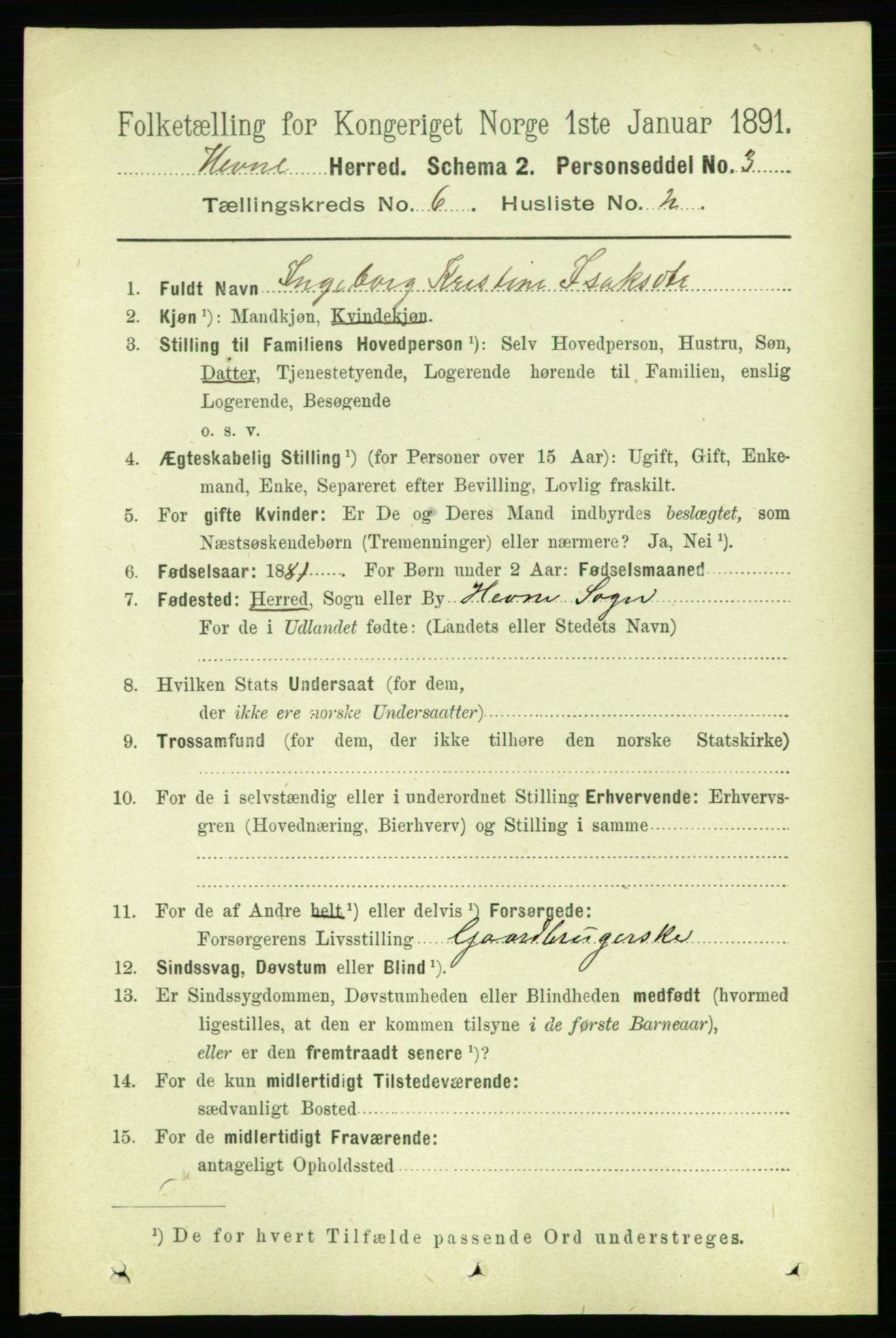 RA, 1891 census for 1612 Hemne, 1891, p. 3426