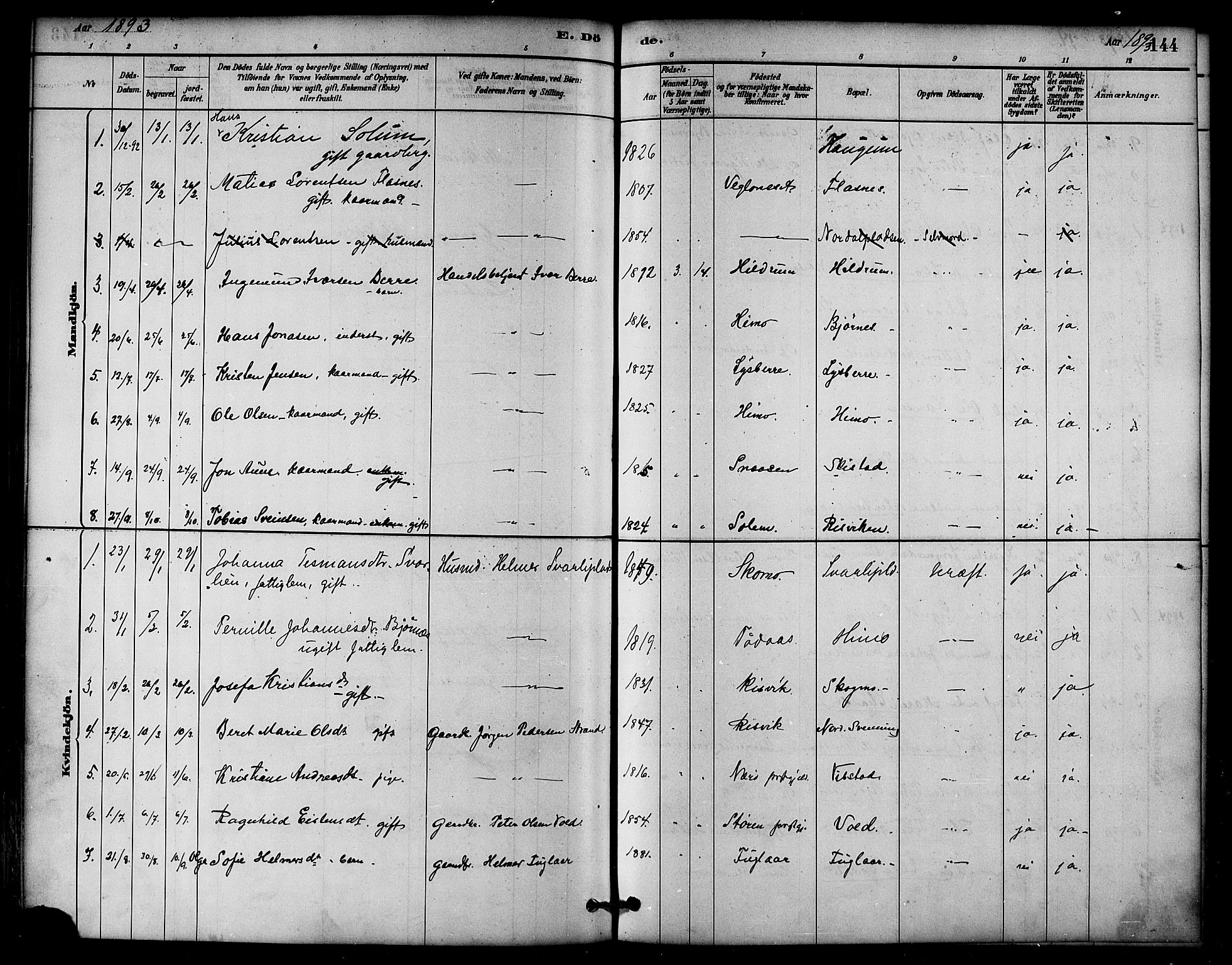 Ministerialprotokoller, klokkerbøker og fødselsregistre - Nord-Trøndelag, AV/SAT-A-1458/764/L0555: Parish register (official) no. 764A10, 1881-1896, p. 144