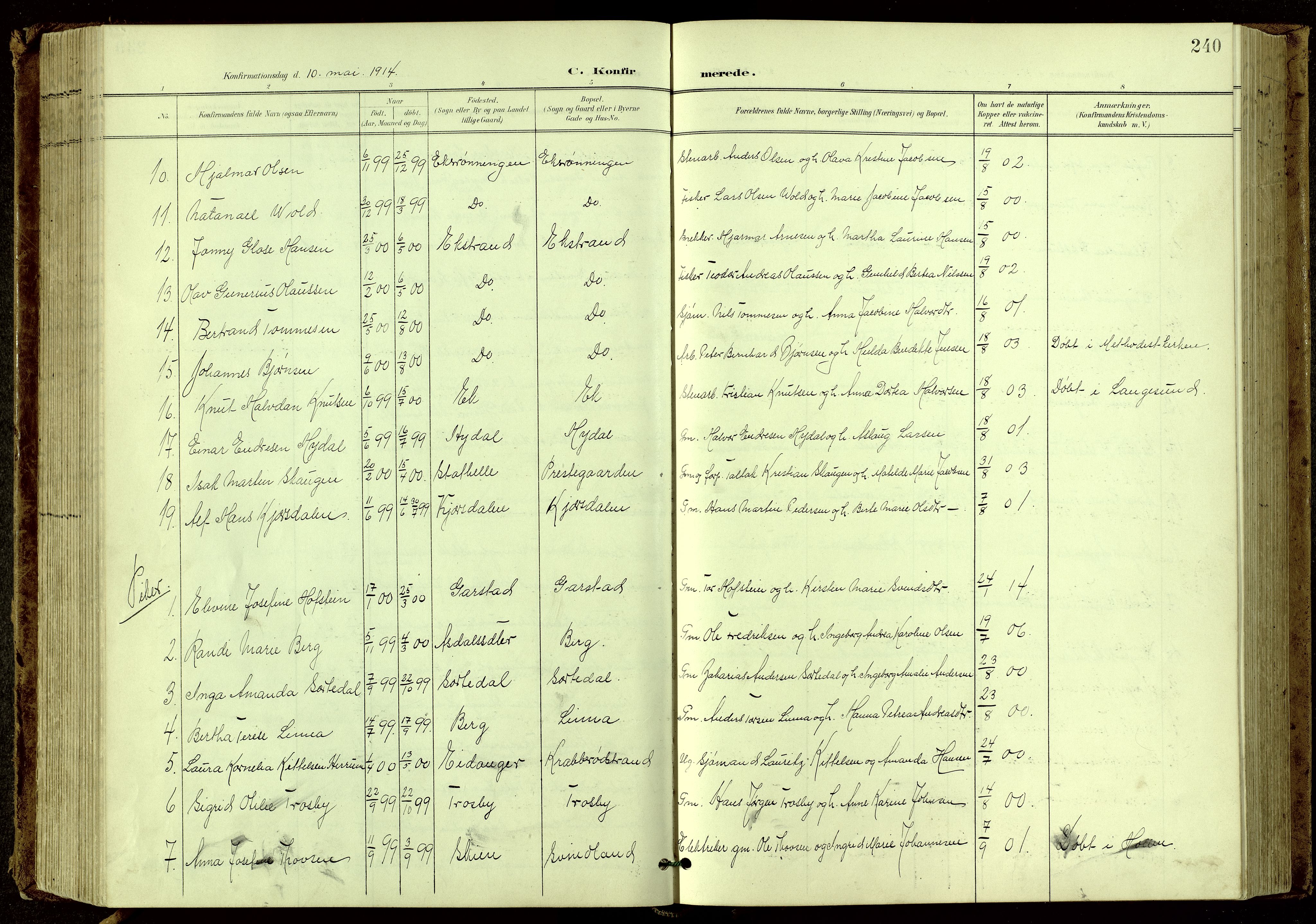 Bamble kirkebøker, SAKO/A-253/G/Ga/L0010: Parish register (copy) no. I 10, 1901-1919, p. 240