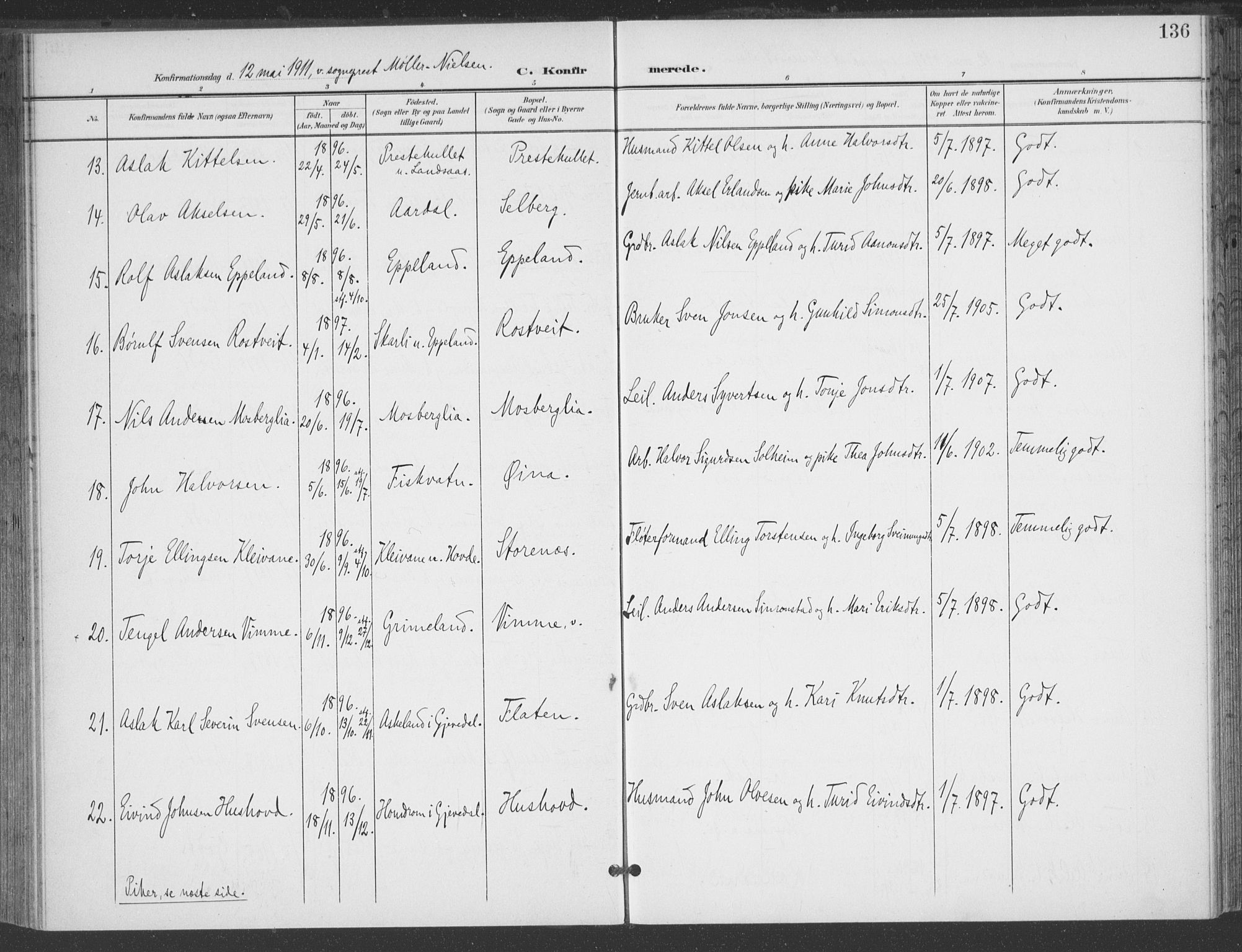 Åmli sokneprestkontor, AV/SAK-1111-0050/F/Fa/Fac/L0012: Parish register (official) no. A 12, 1900-1914, p. 136