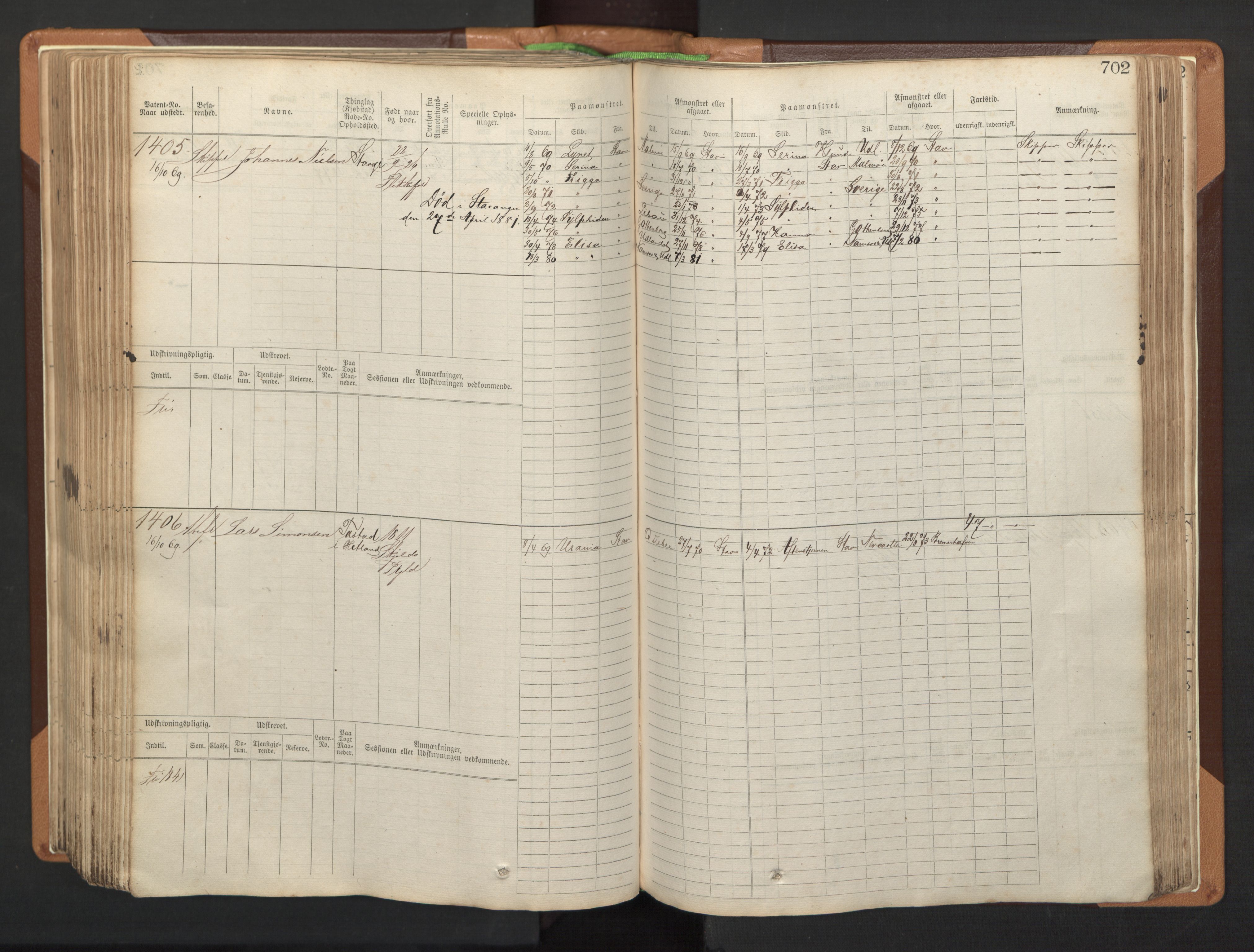 Stavanger sjømannskontor, AV/SAST-A-102006/F/Fb/Fbb/L0005: Sjøfartshovedrulle, patentnr. 793-1606 (del 2), 1869-1880, p. 314